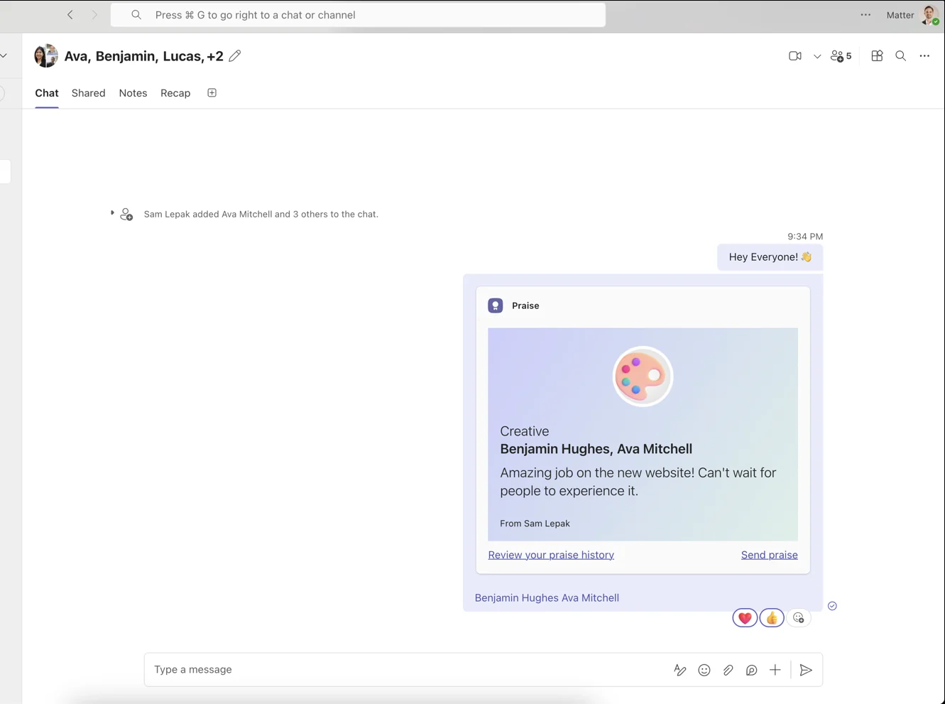 A sent Microsoft Praise card in a Teams group chat with the Creative title, recipients, note, and praise history links