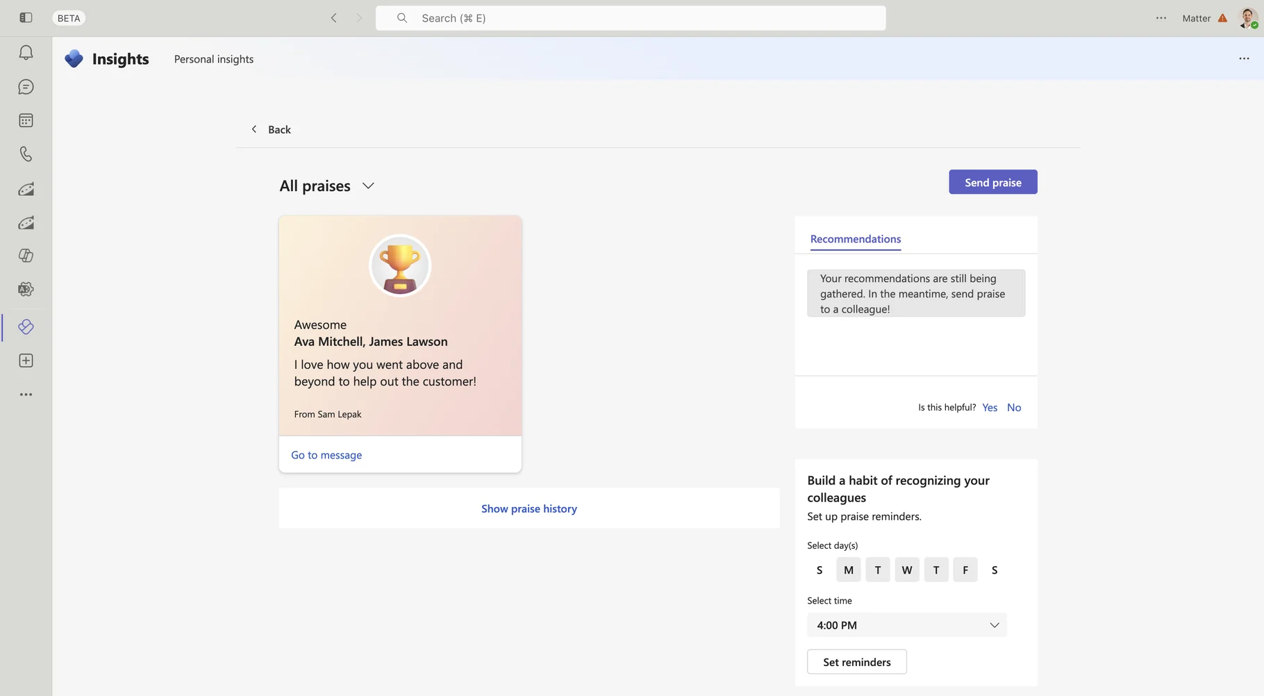 Viva Insights All praises view in Teams with a received praise card, praise history link, and praise reminder settings