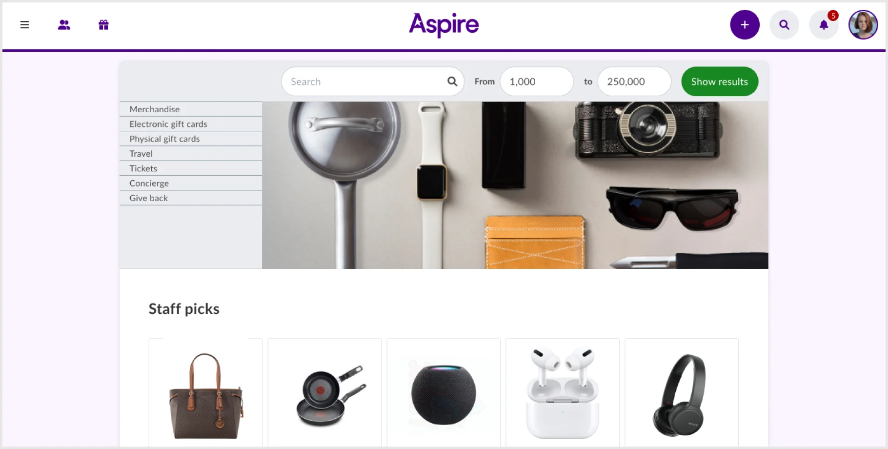 Achievers Aspire rewards catalog with merchandise, gift card, travel and concierge categories