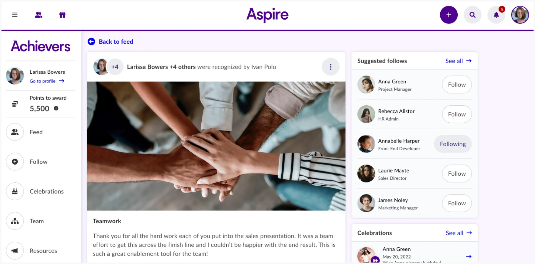 Achievers Aspire recognition feed with a team recognition post and suggested follows