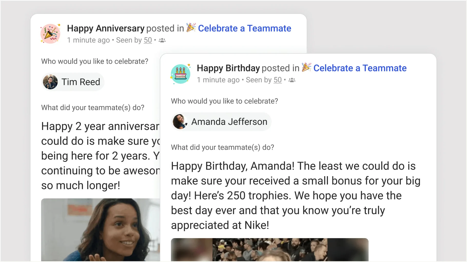 Assembly Celebrate a Teammate posts for a work anniversary and a birthday
