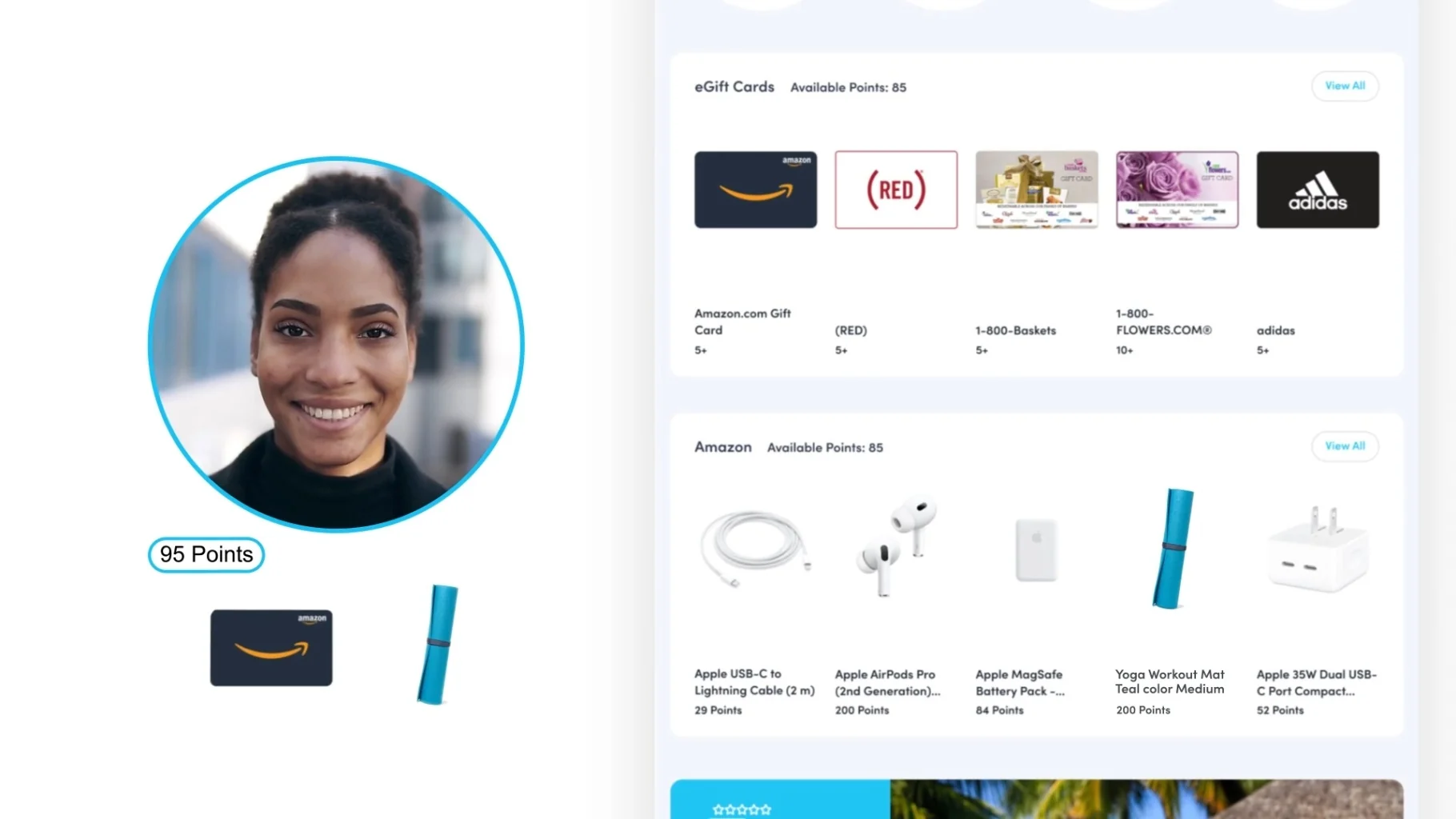 Awardco rewards catalog with eGift cards and Amazon items priced in points