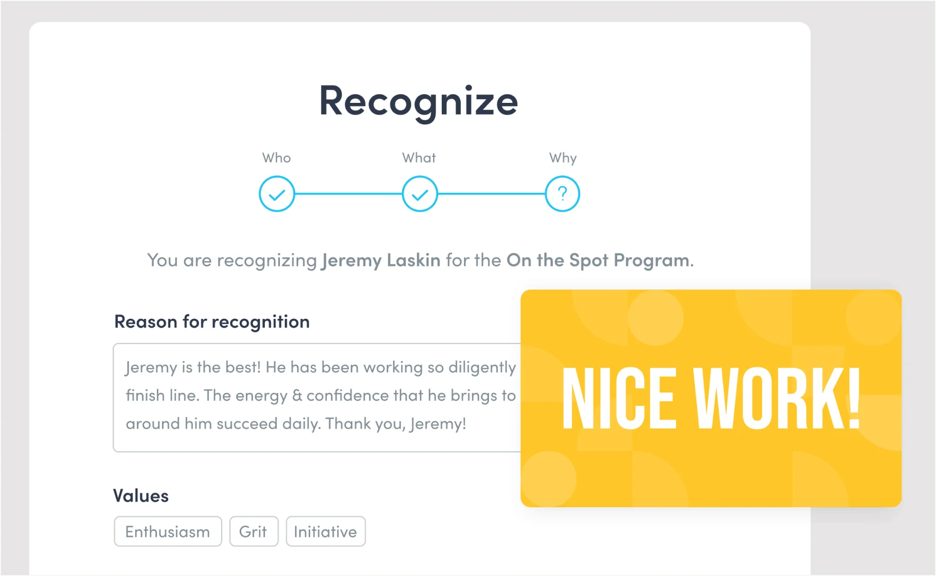 Awardco Recognize step with a reason for recognition, company values and a Nice Work award card