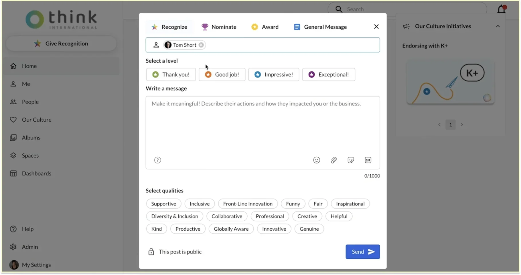 Kudos give-recognition dialog with Thank you to Exceptional levels and selectable qualities