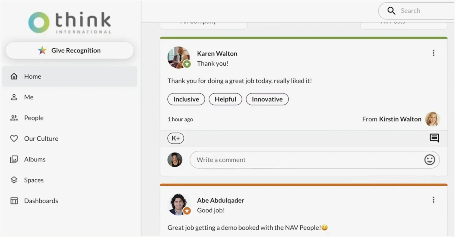Kudos home feed with a Give Recognition button and recognition posts tagged with company values