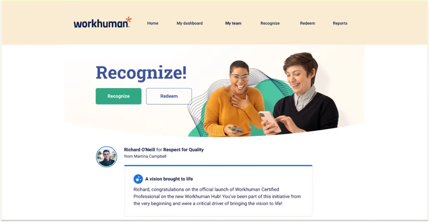 Workhuman dashboard with Recognize and Redeem actions above a recognition award post