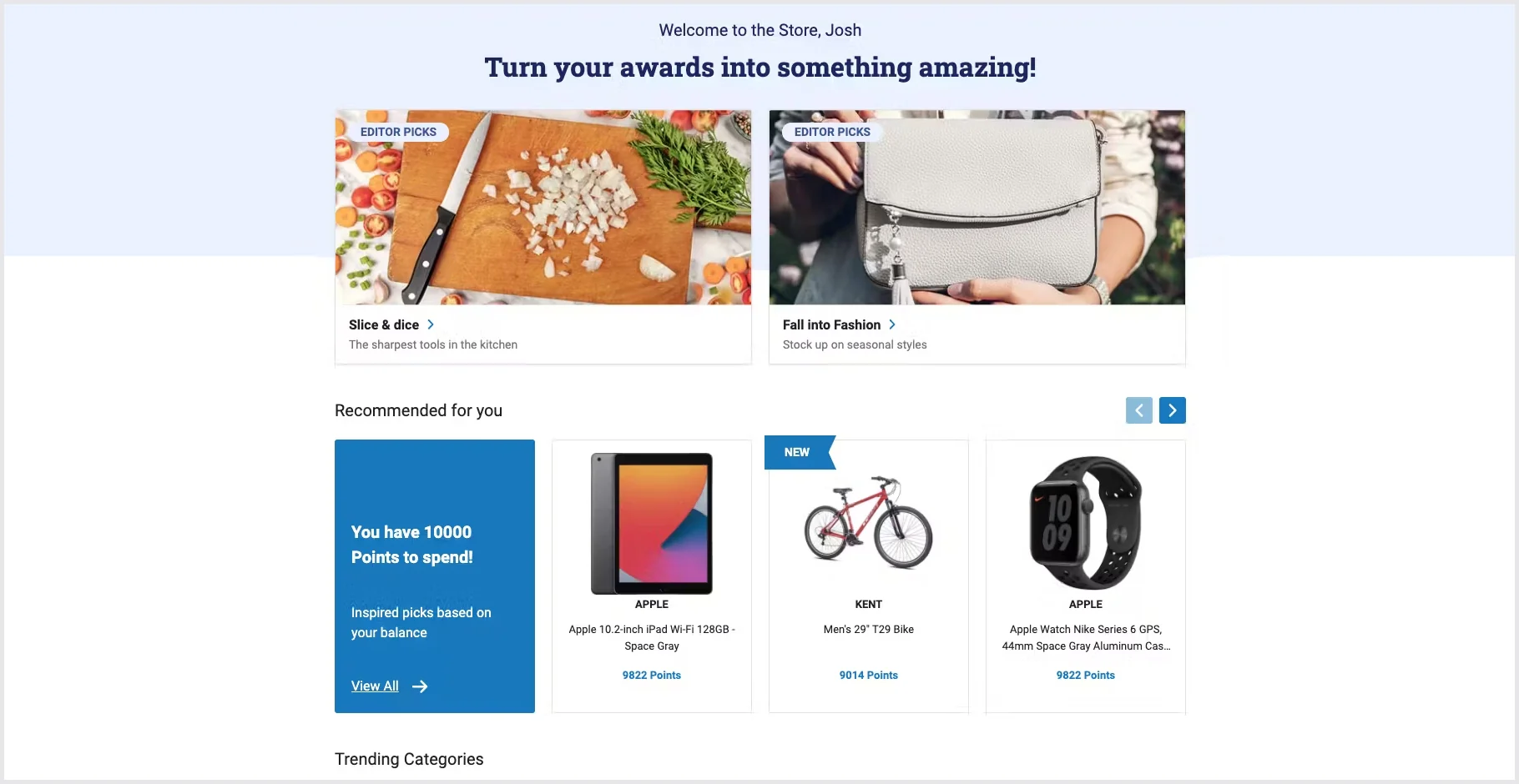 Workhuman store with a points balance and recommended electronics and merchandise