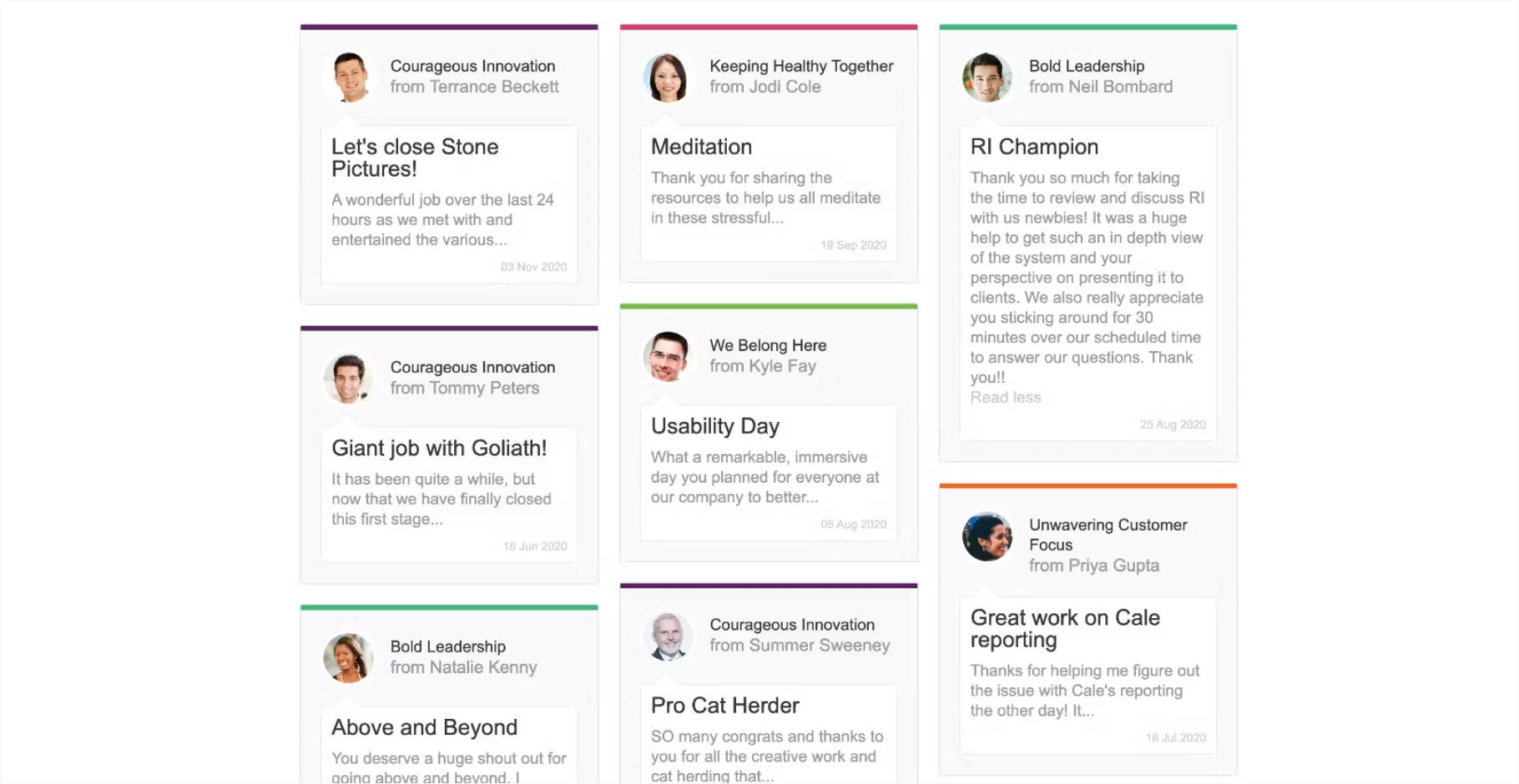 Workhuman Social Recognition wall of award posts tagged to company values