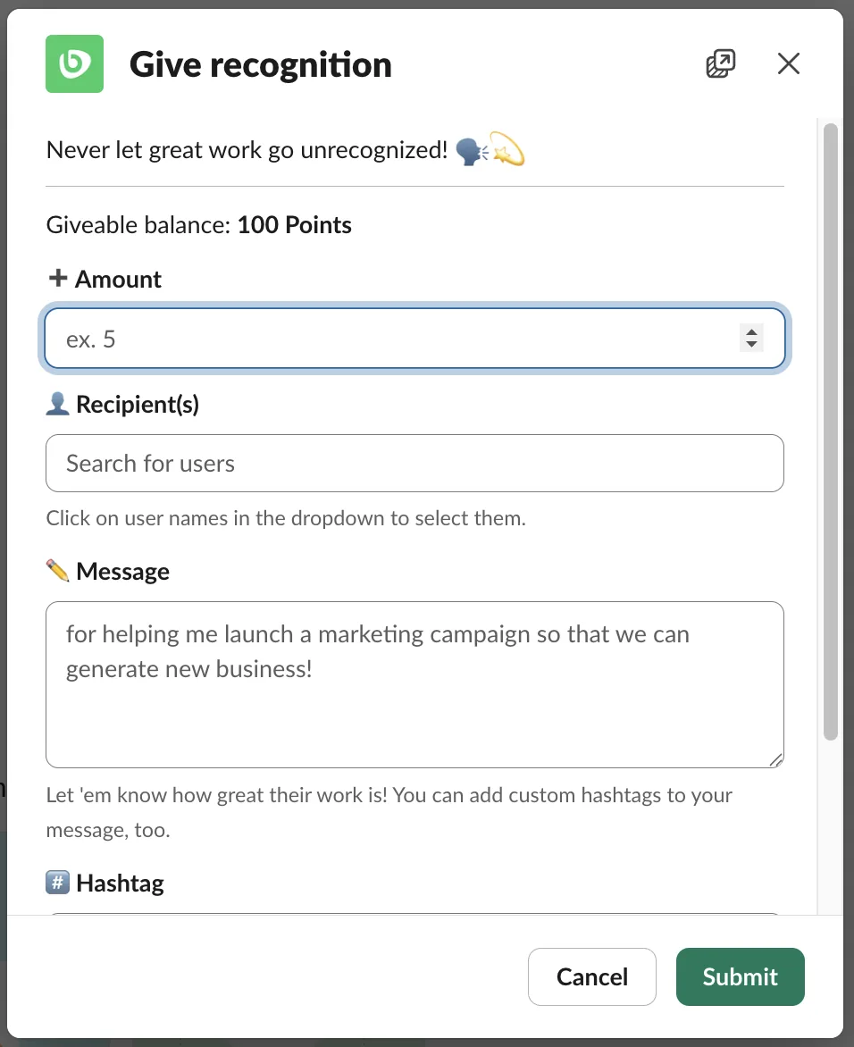 Bonusly Give recognition modal in Slack with points amount, recipients, message, and hashtag fields