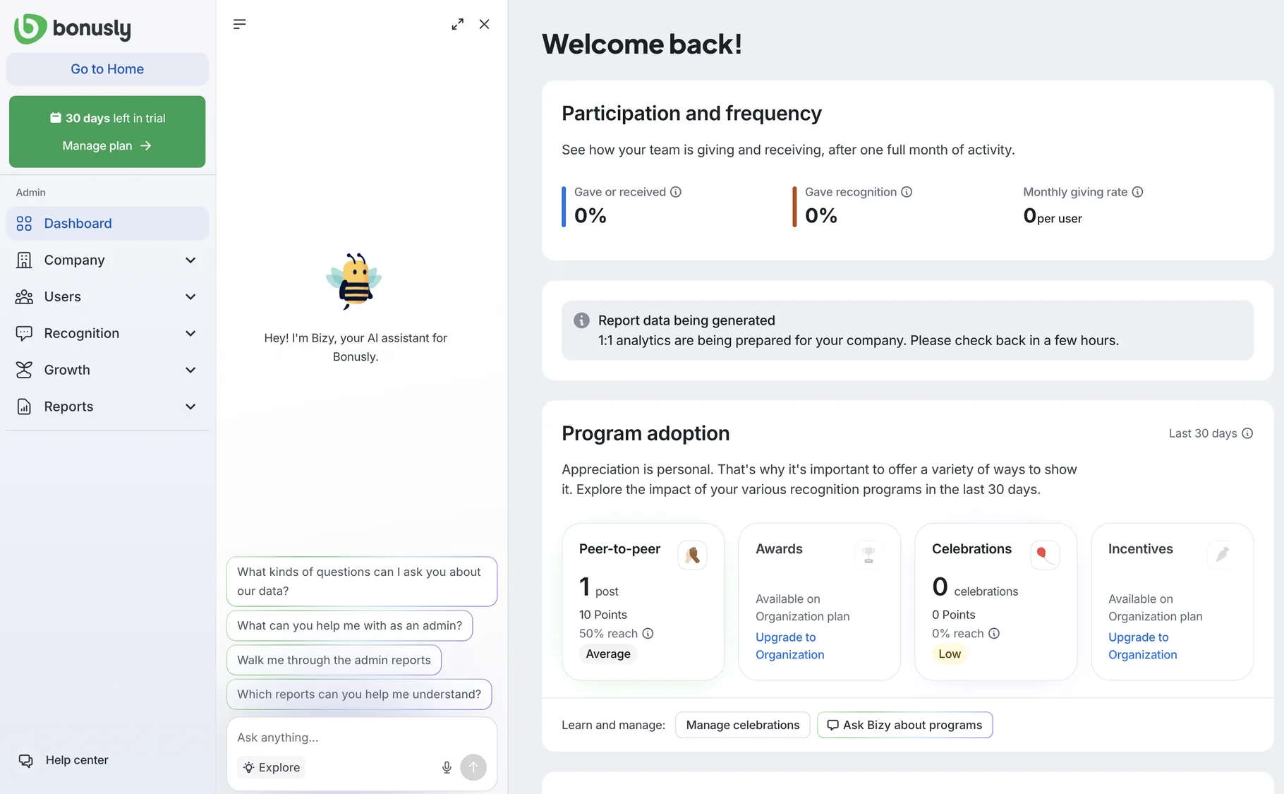 Bonusly admin dashboard with participation and frequency, program adoption, and the Bizy AI assistant