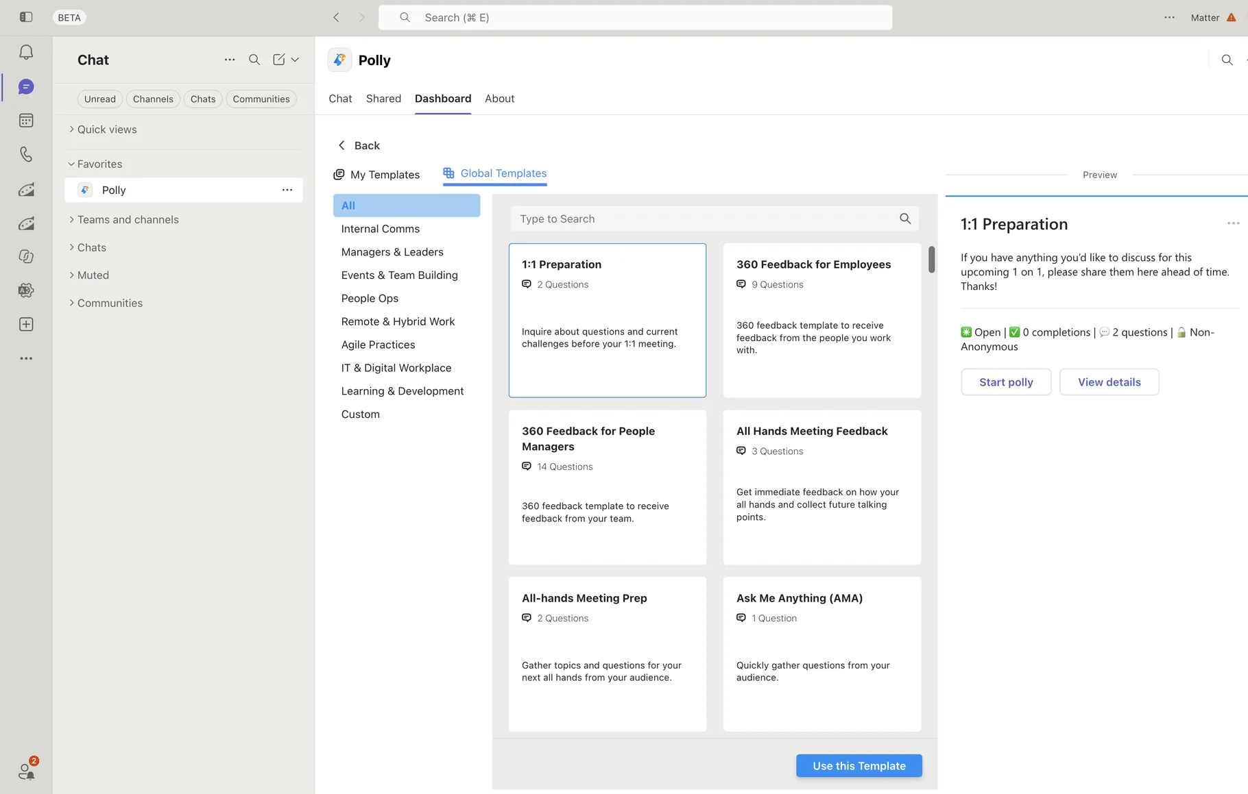 Polly global survey templates in Microsoft Teams, including 1:1 preparation and 360 feedback
