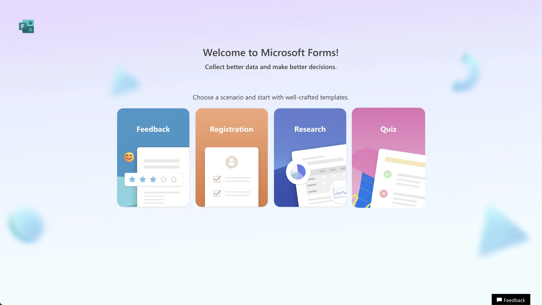 Microsoft Forms web app welcome screen with Feedback, Registration, Research, and Quiz template starters