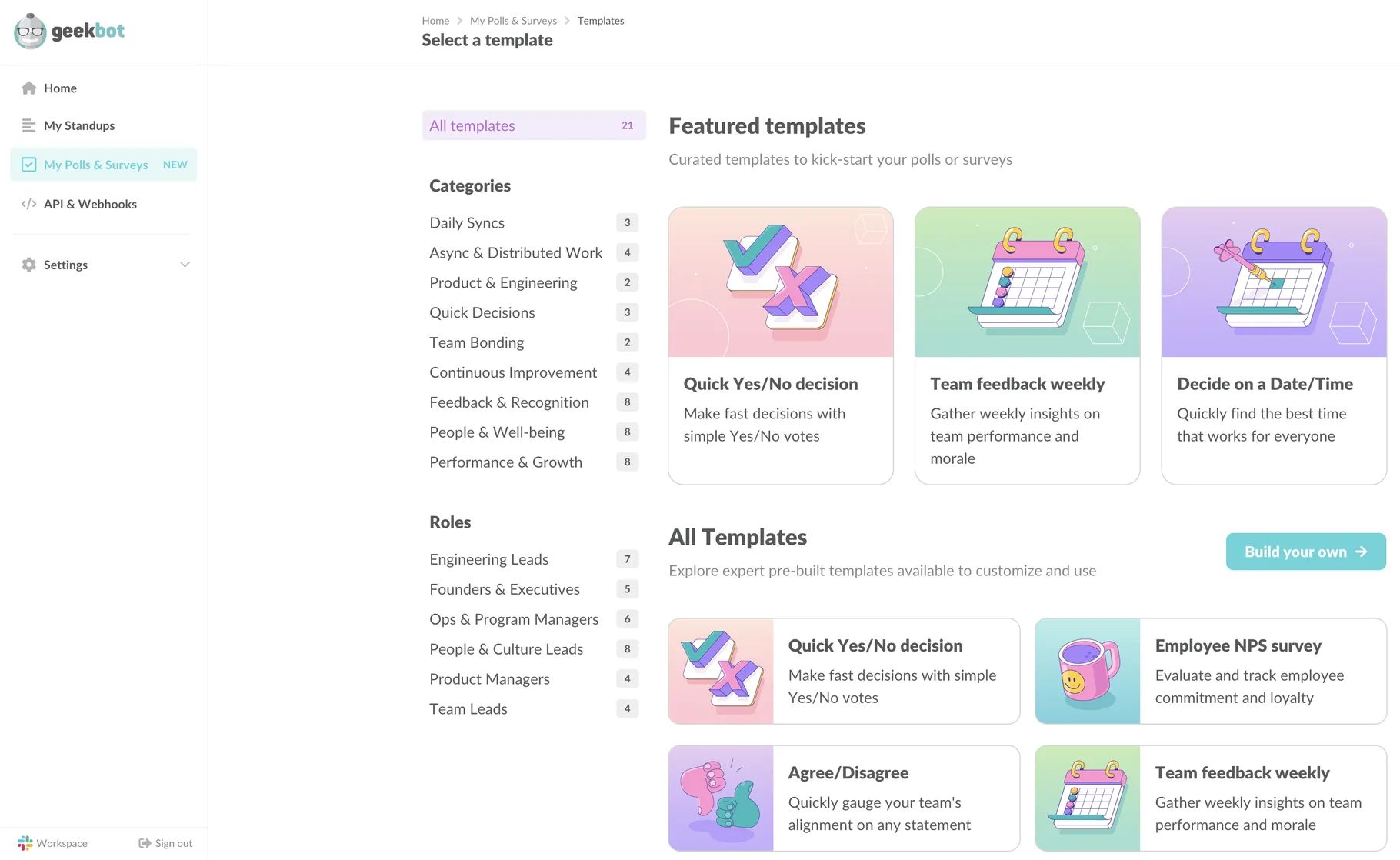 Geekbot poll and survey templates including Employee NPS survey, team feedback weekly, and quick yes or no decisions