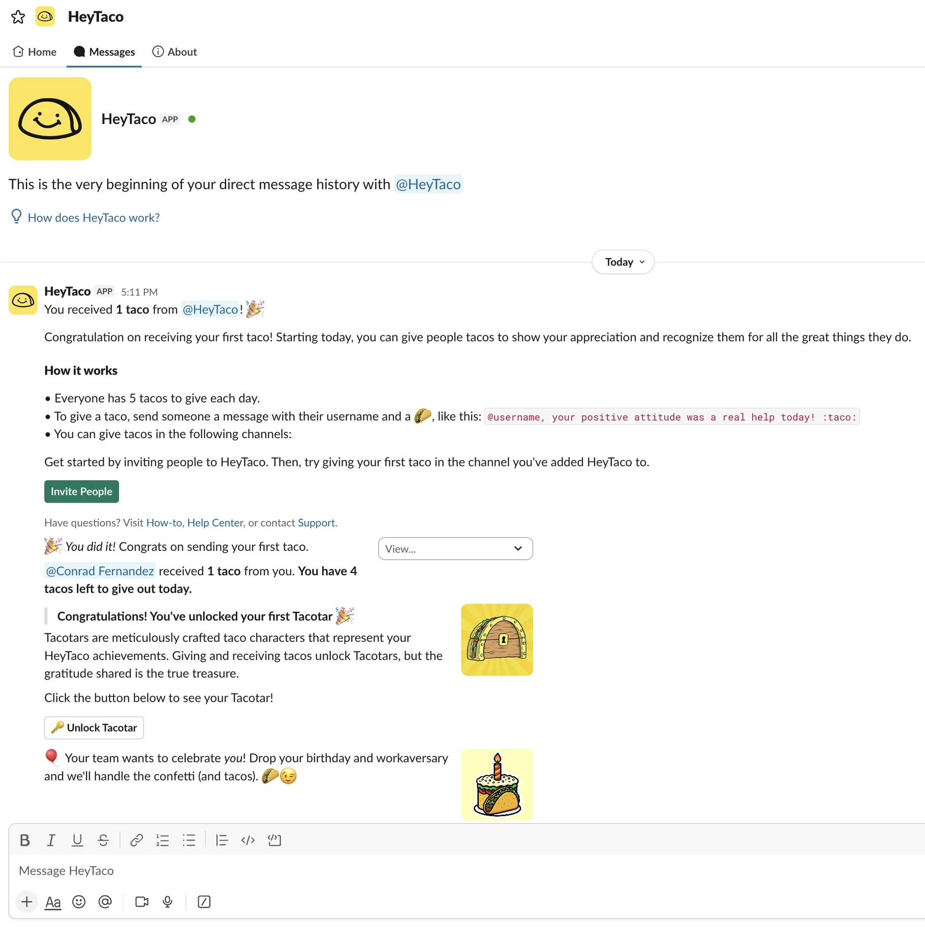 HeyTaco direct message in Slack explaining how to give tacos, with a first-taco confirmation and Tacotar unlock