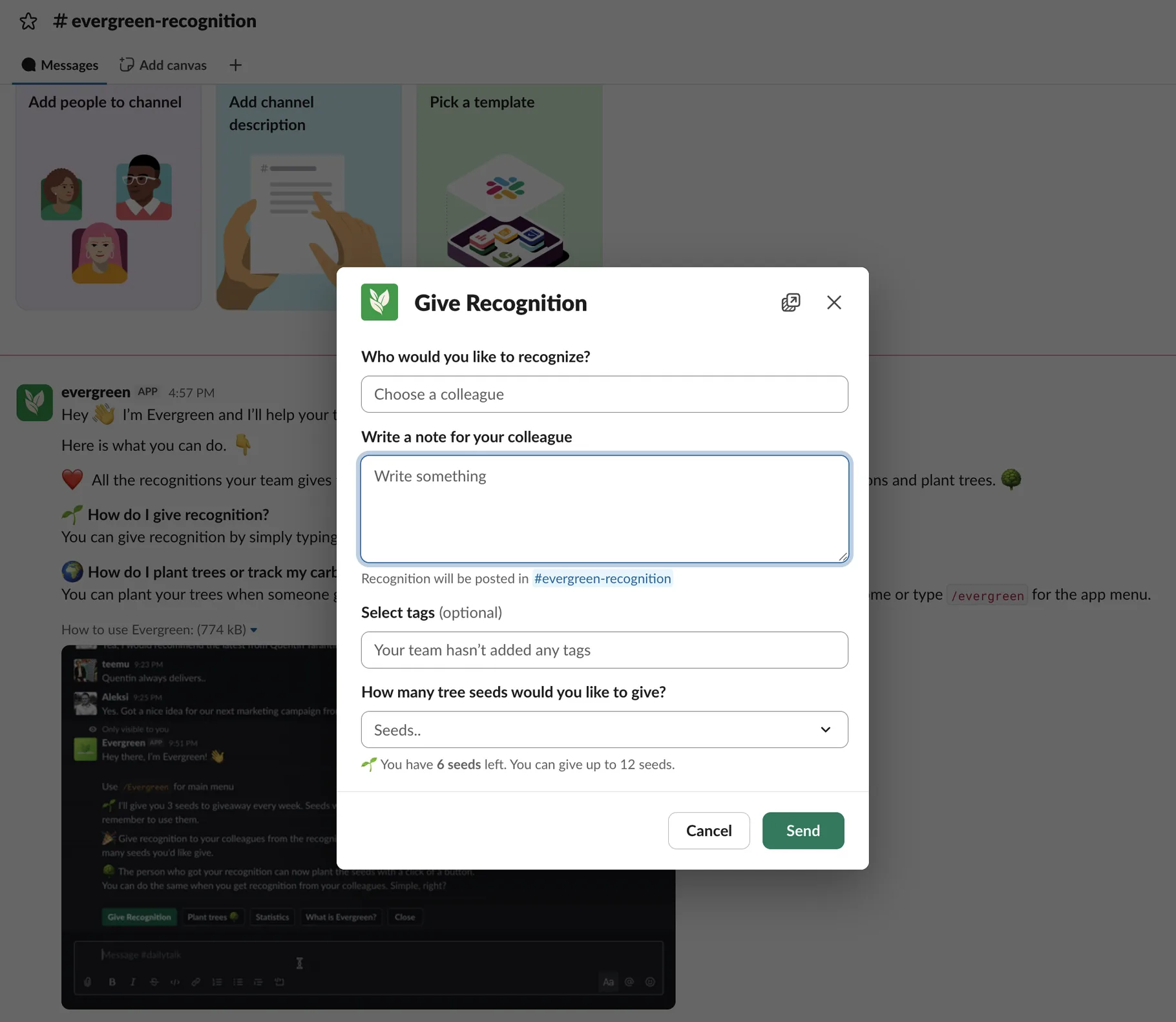 Evergreen Give Recognition modal in Slack with colleague picker, note field, tags, and tree seeds
