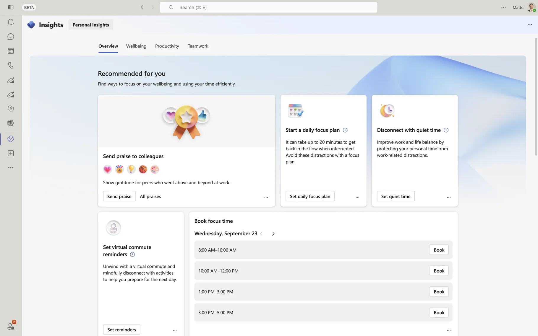 Viva Insights personal insights in Microsoft Teams with Send praise, daily focus plan, quiet time, and focus time booking cards