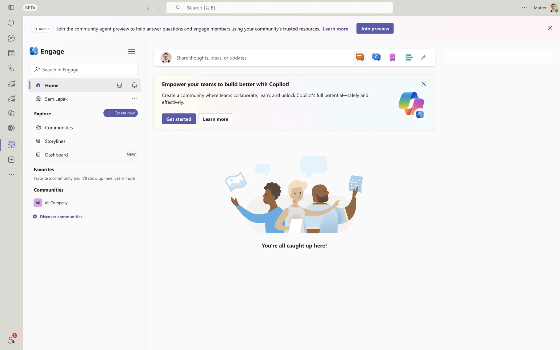 Viva Engage home feed in Microsoft Teams with communities, storylines, and a post composer
