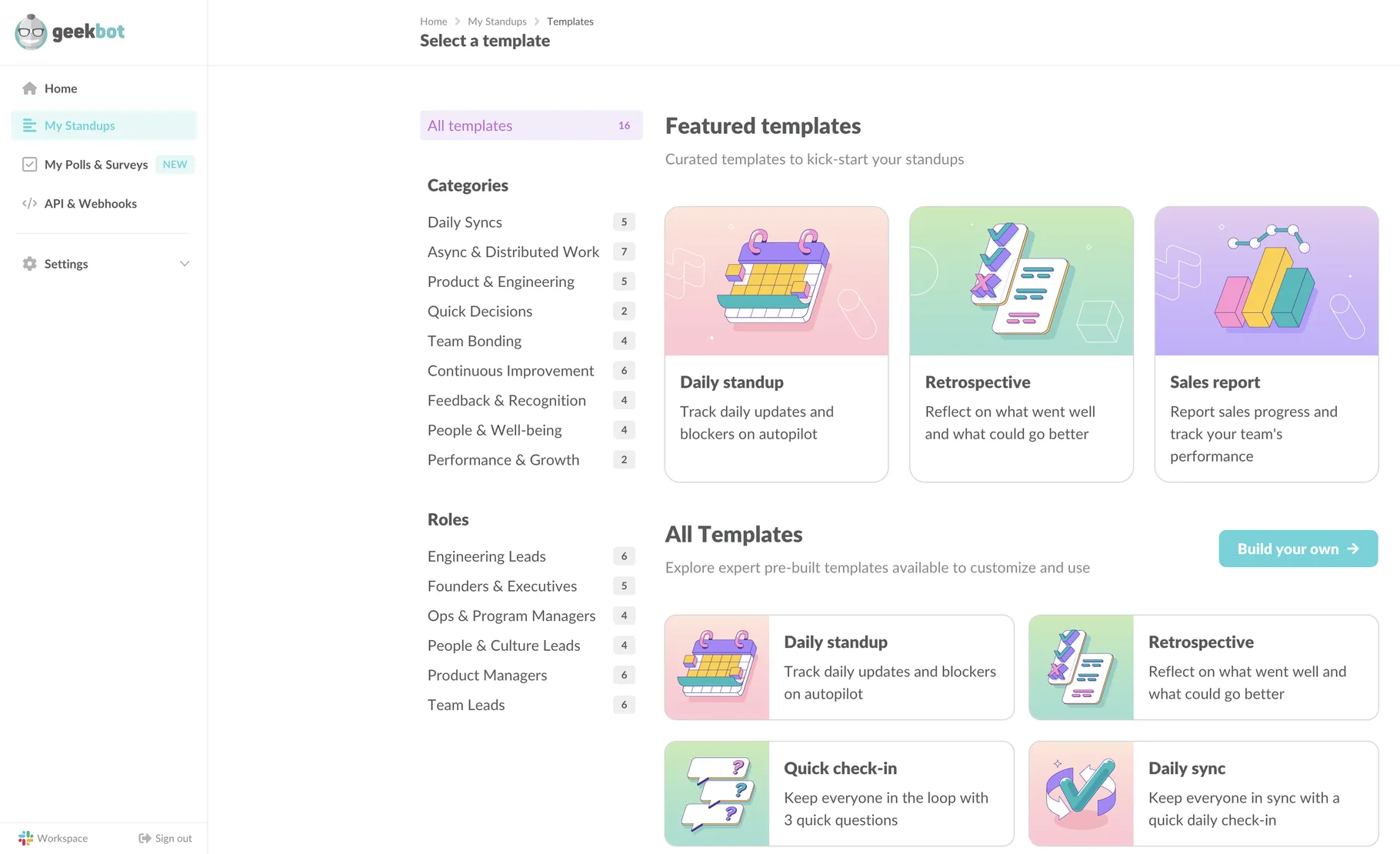 Geekbot standup templates including daily standup, retrospective, quick check-in, and daily sync