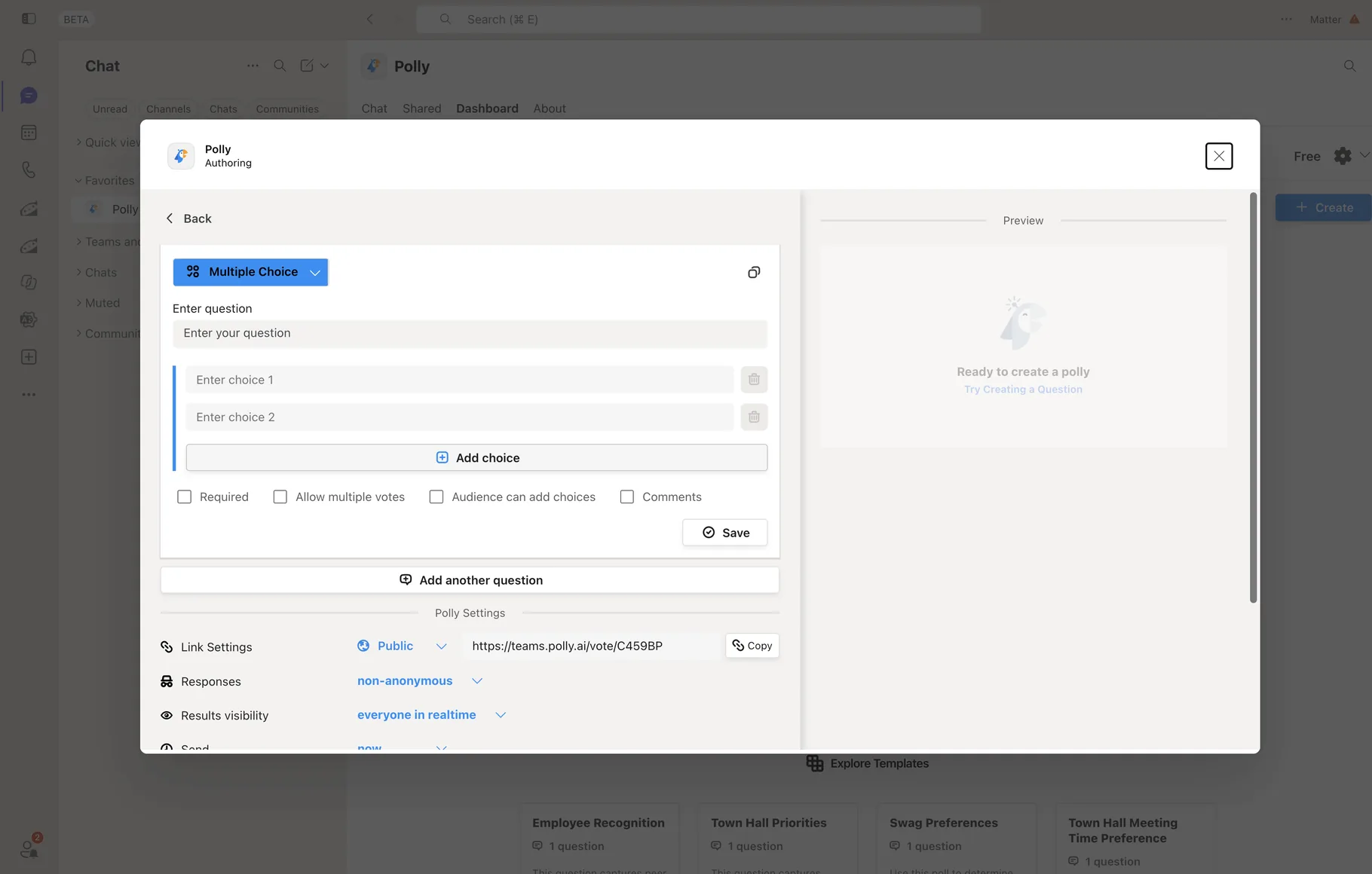 Polly authoring panel in Microsoft Teams with question, choices, anonymity, and results visibility settings