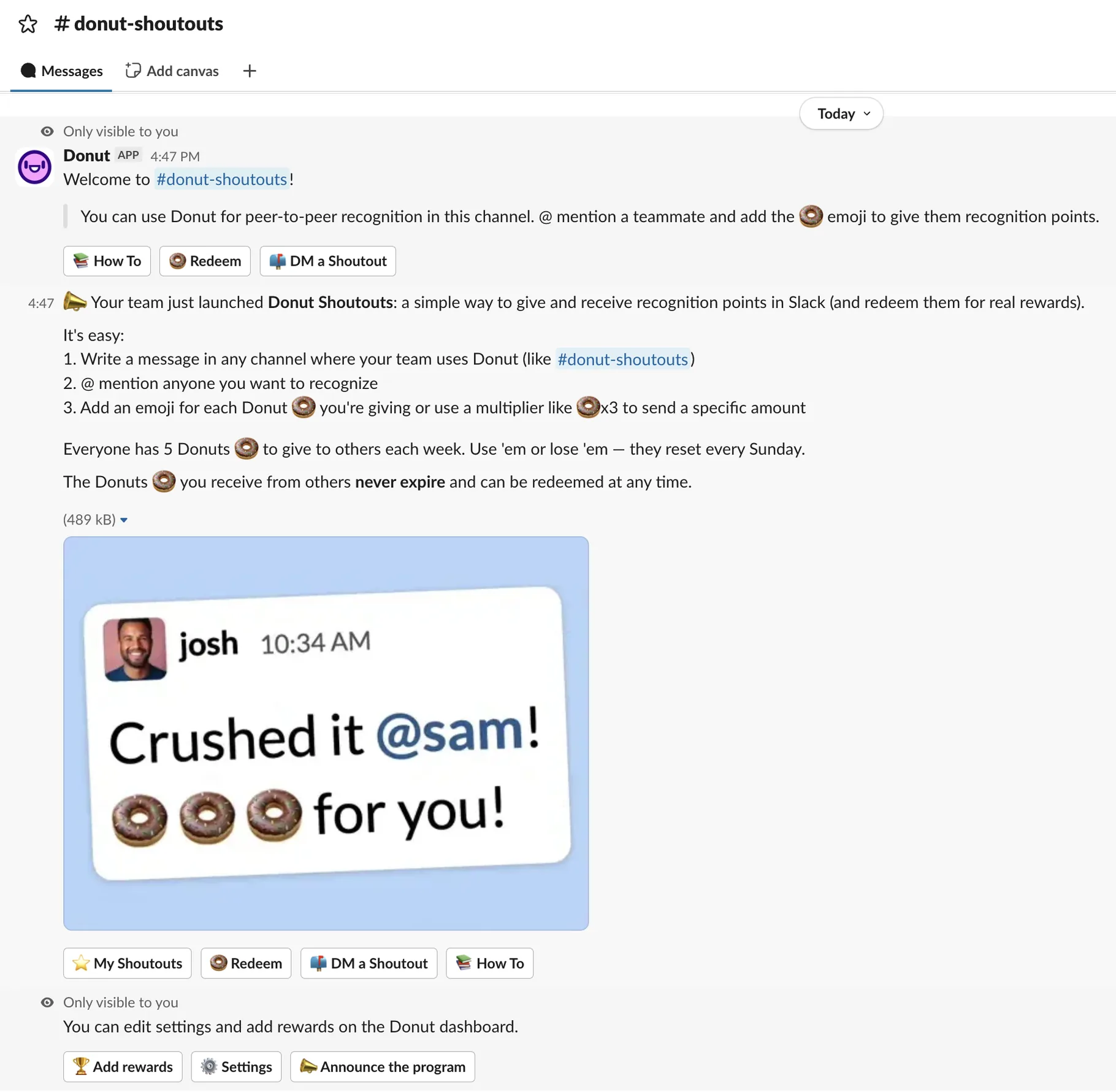 Donut Shoutouts in a Slack channel, with donut emoji recognition points and Redeem and DM a Shoutout buttons