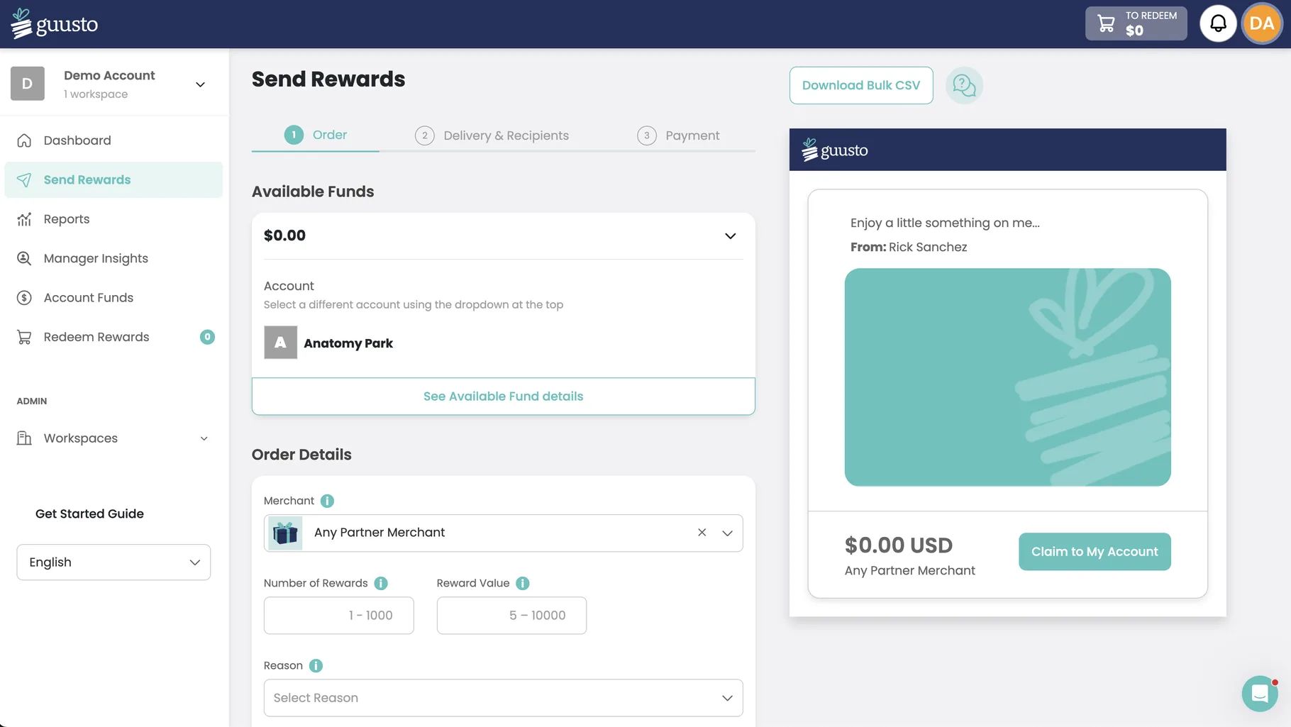 Guusto Send Rewards screen with available funds, merchant choice, reward value, and a gift preview