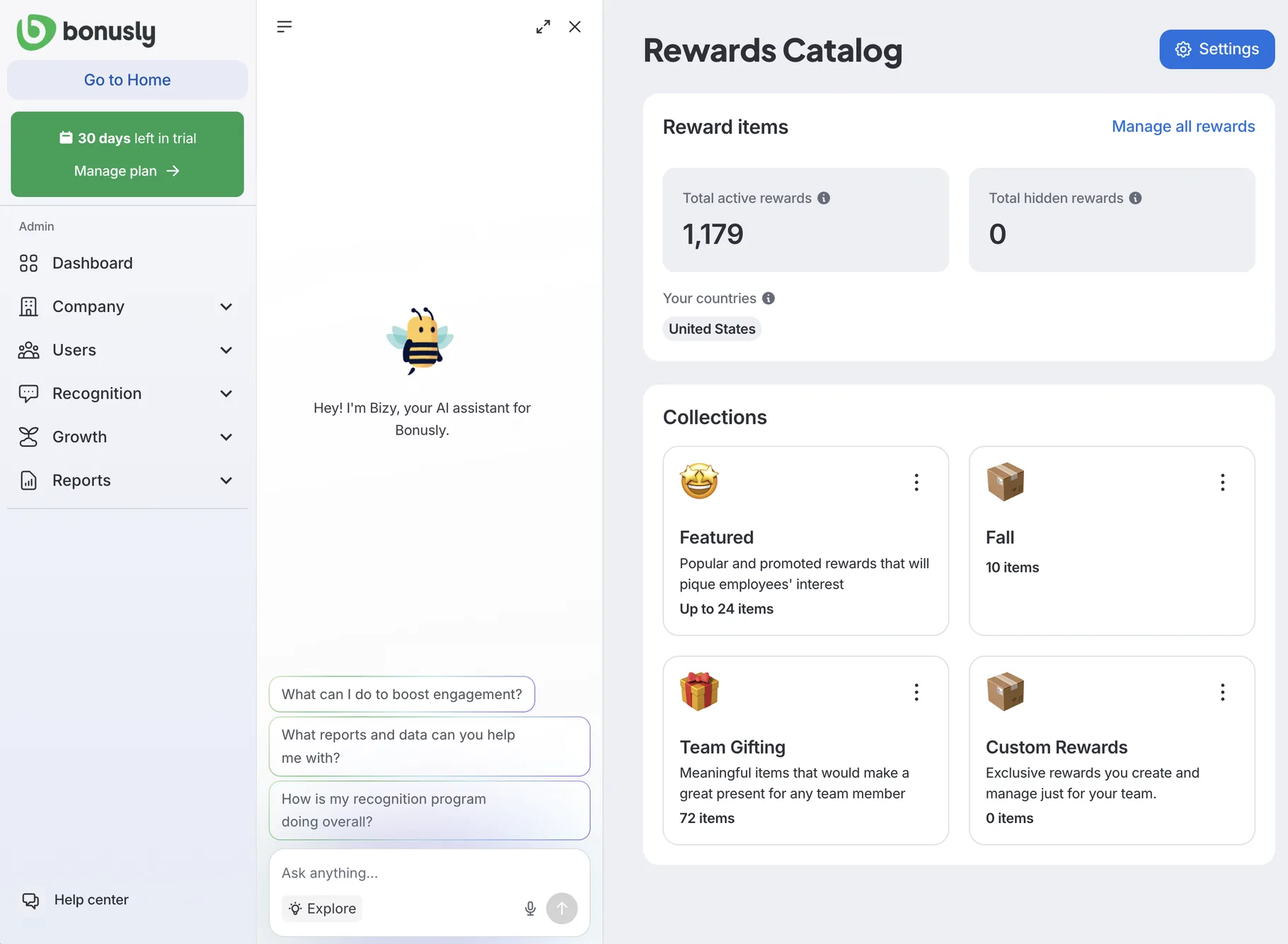 Bonusly Rewards Catalog with 1,179 active rewards and Featured, Team Gifting, and Custom Rewards collections
