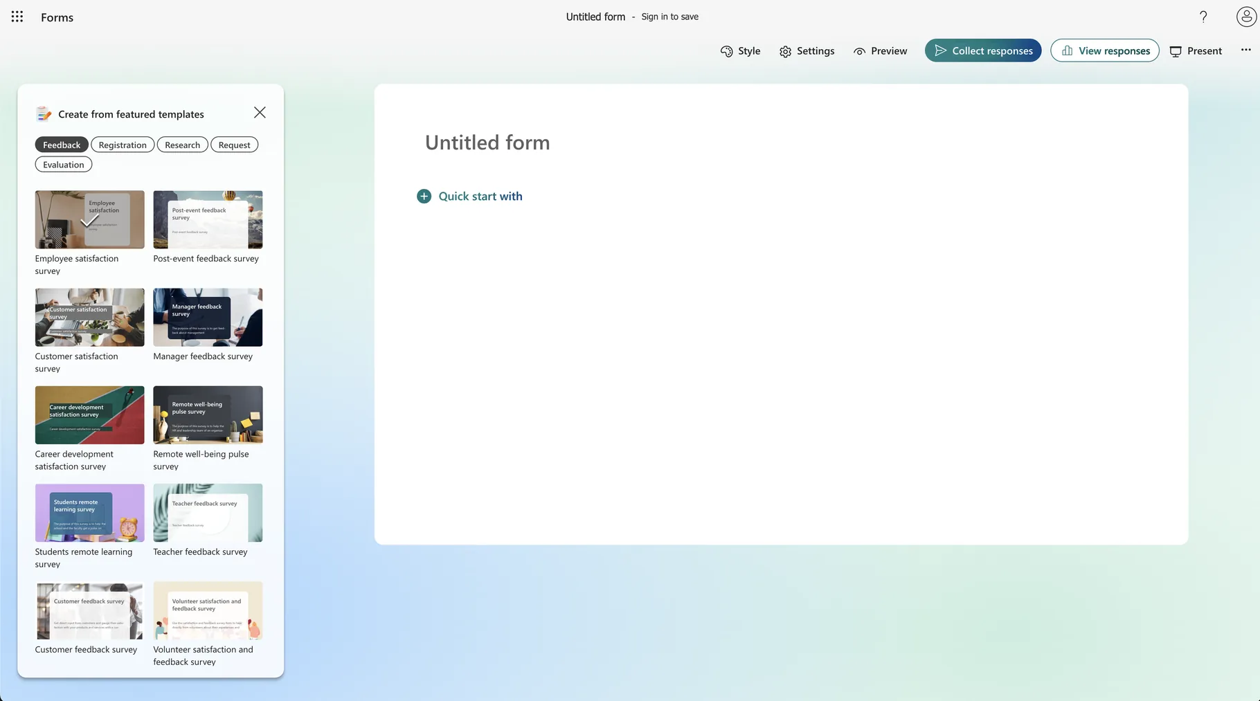 Microsoft Forms form builder with featured survey templates such as employee satisfaction and manager feedback