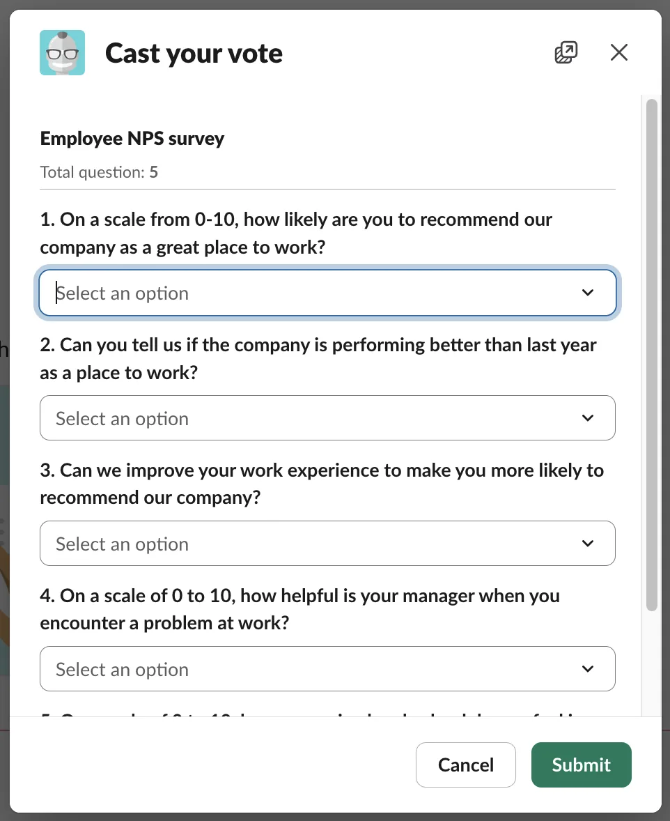 Geekbot employee NPS survey modal in Slack with 0 to 10 rating questions and a Submit button