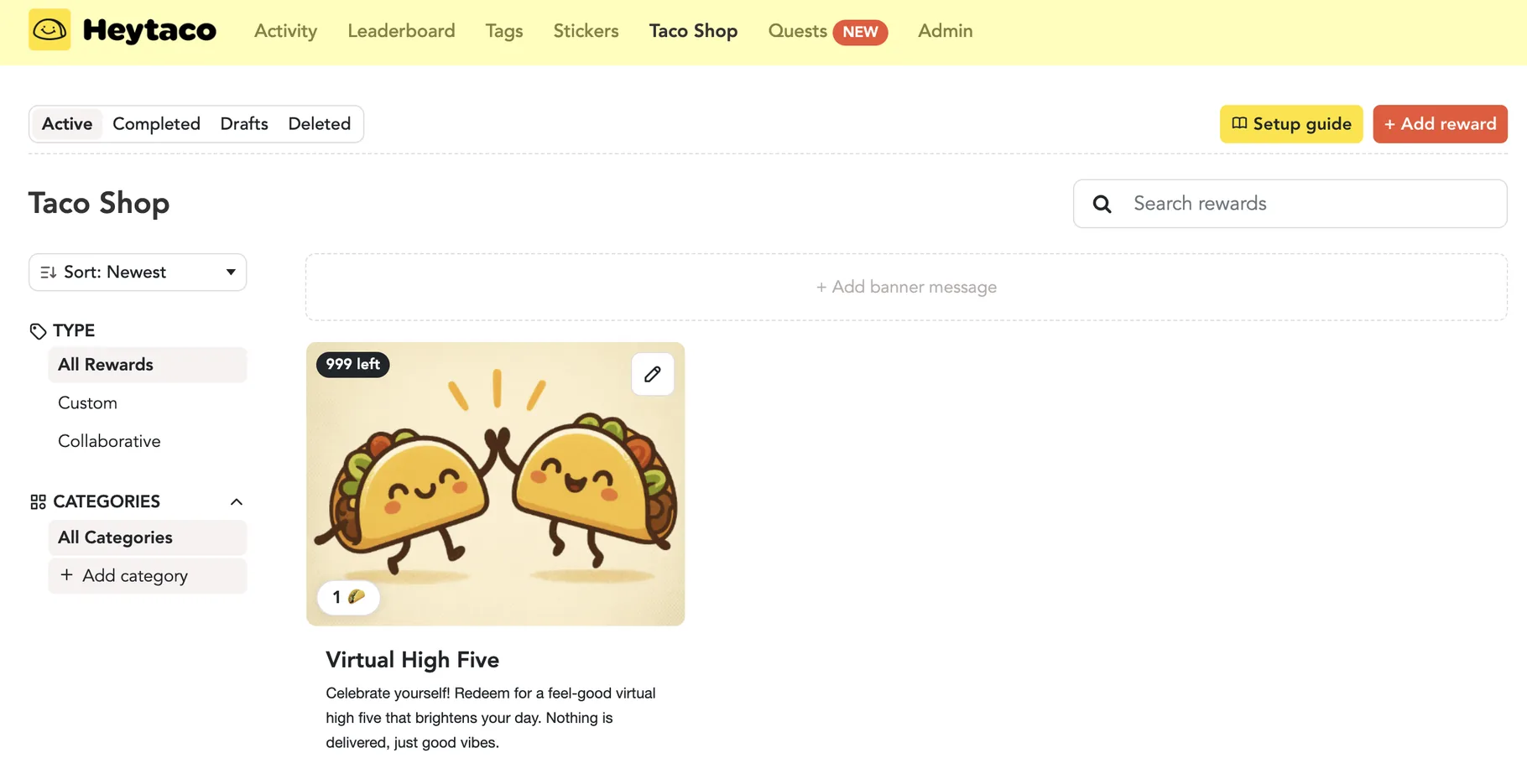 HeyTaco Taco Shop web dashboard with a Virtual High Five reward and reward categories