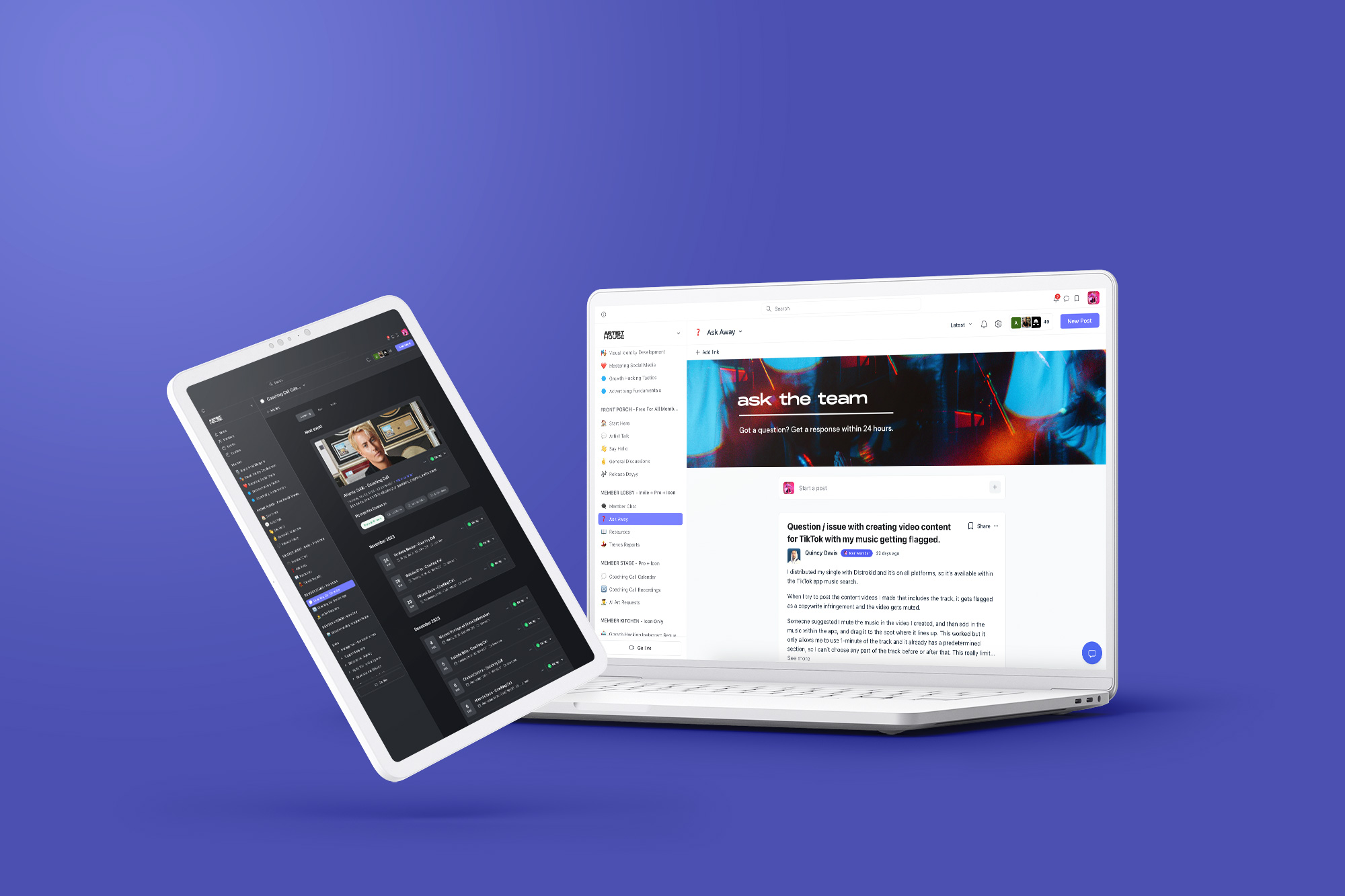 Artist House coaching platform founded by Natasha Brito, showing the live coaching call calendar and member Q&A forum where independent musicians access brand strategy and marketing guidance