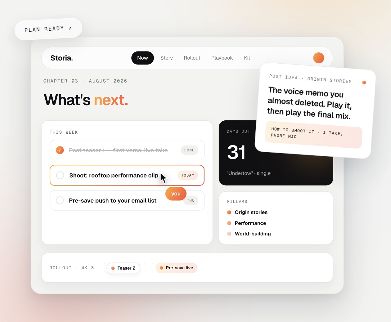 Storia marketing plan dashboard built by Natasha Brito, an AI-powered marketing plan and social calendar builder for artists developed from over 300 plans created at AUSTERE