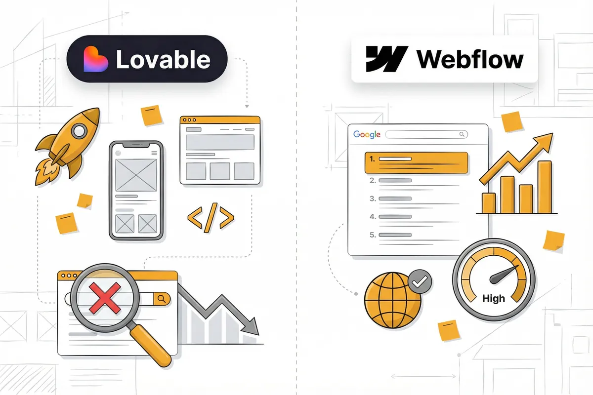Lovable vs Webflow SEO comparison showing Lovable apps struggling with Google indexing while Webflow sites rank with high visibility and performance scores