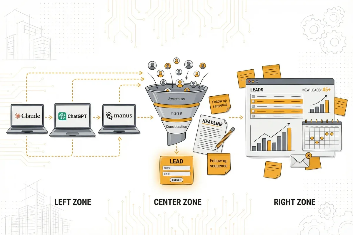 AI lead generation workflow showing Claude, ChatGPT, and Manus connecting to a conversion funnel and lead dashboard