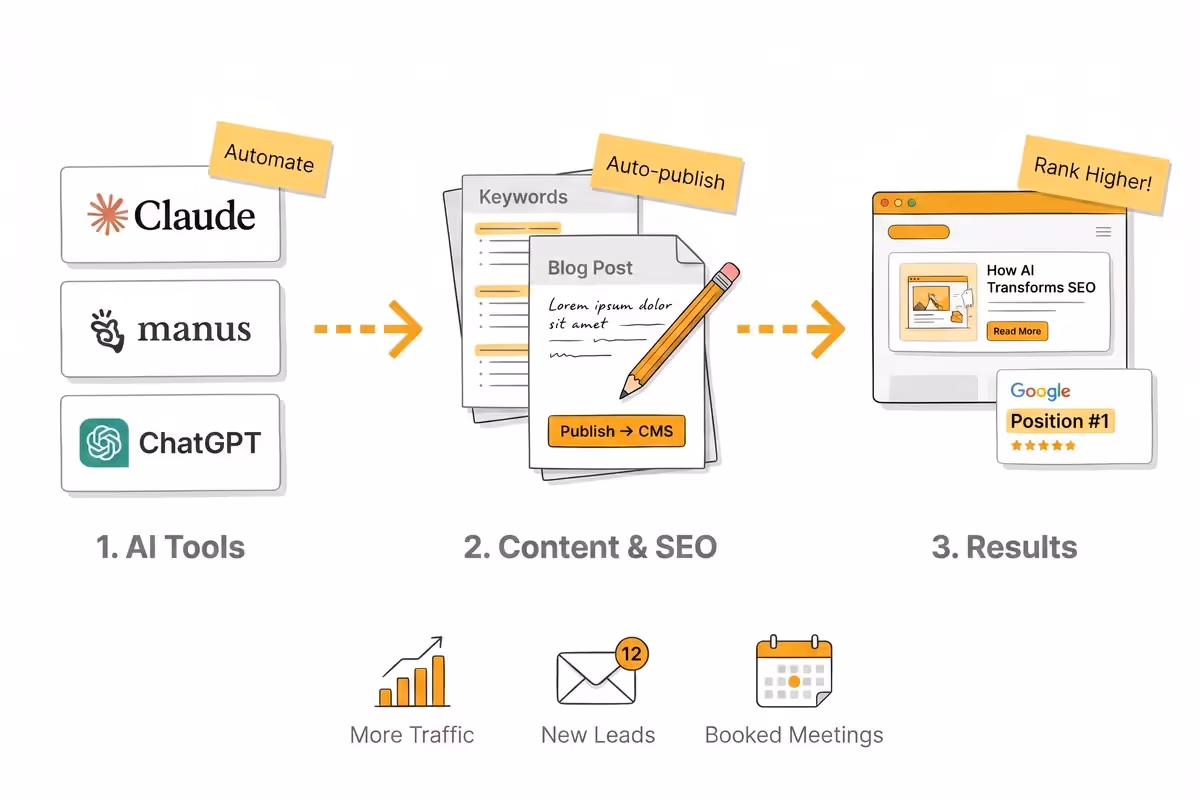 AI SEO services workflow showing API-driven keyword research, MCP connections, and competitor analysis for small business