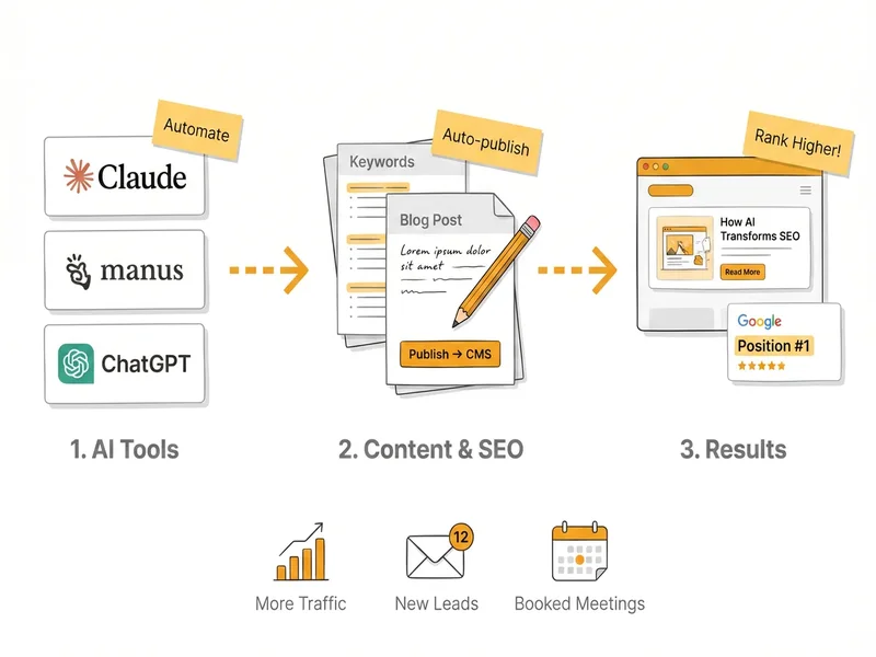 AI SEO services workflow showing API-driven keyword research, MCP connections, and competitor analysis for small business
