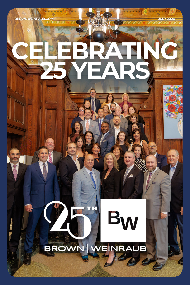 celebrating 25 years brown & Weinraub with image of people posing for photo