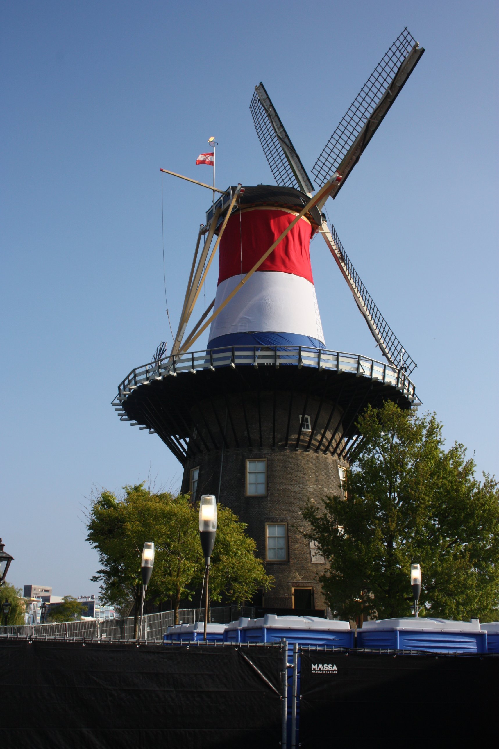 Windmill De Valk in Leiden in Dutch flag colours
