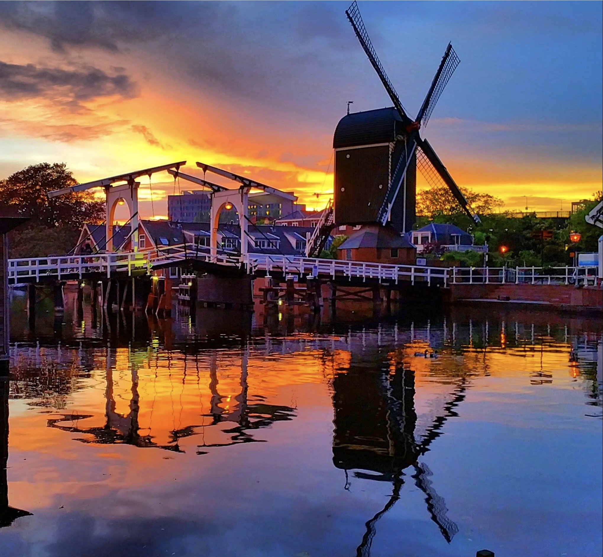 Windmill De Put at sunset in Leiden