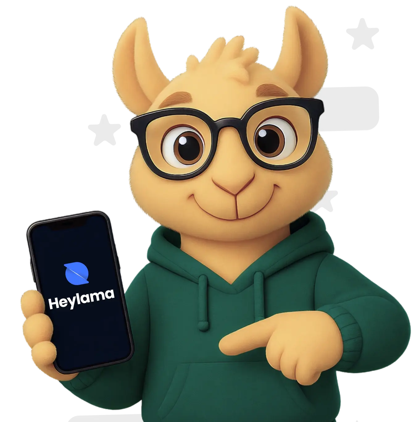 Karl the Llama is pointing at his phone with Heylama logo on the screen