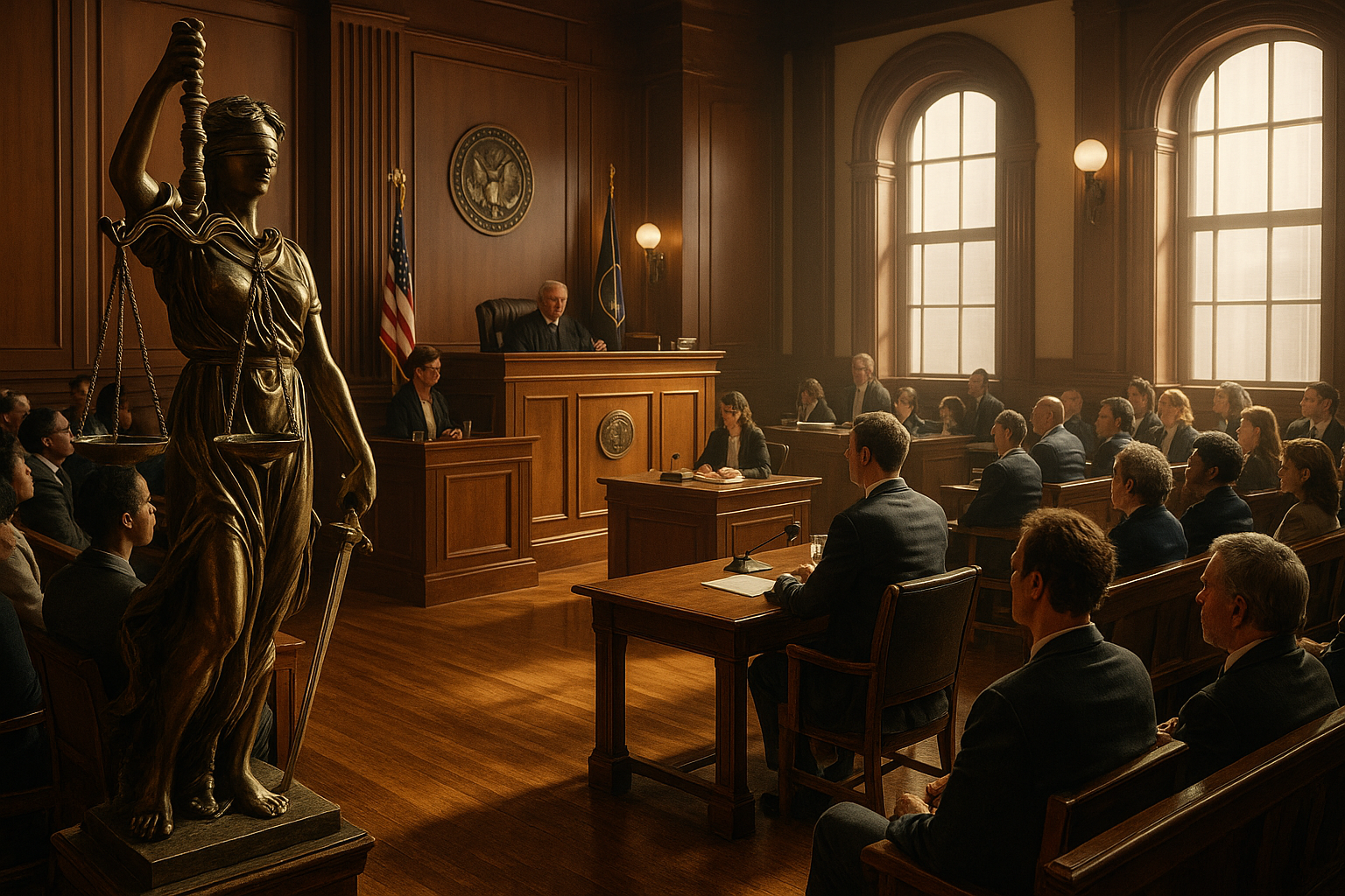 Lady Justice statue in a courtroom setting.
