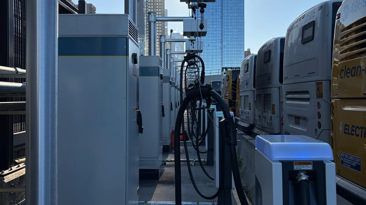 Heliox CCS1 dispensers and chargers at an electric bus depot in New York City
