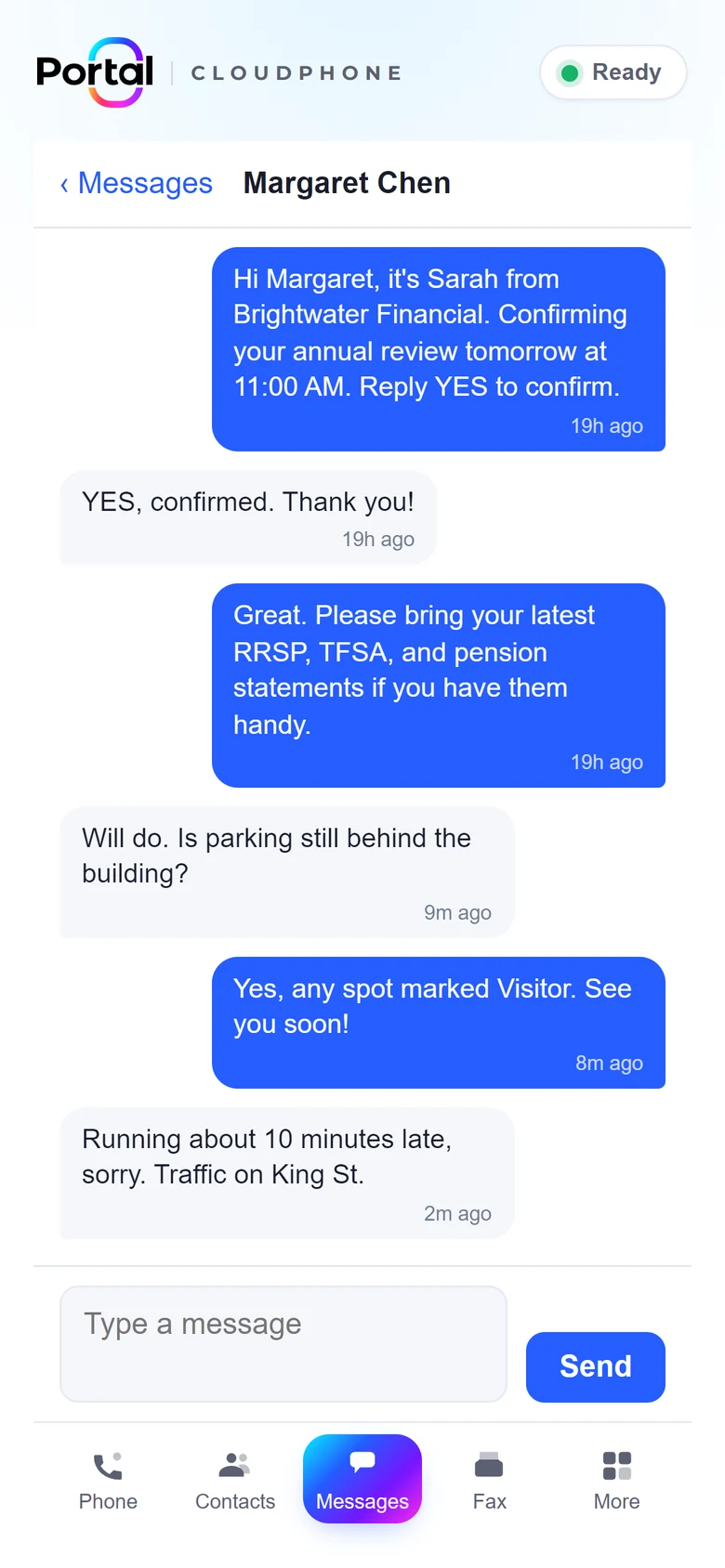 Text conversation with a customer in the Cloudphone mobile app
