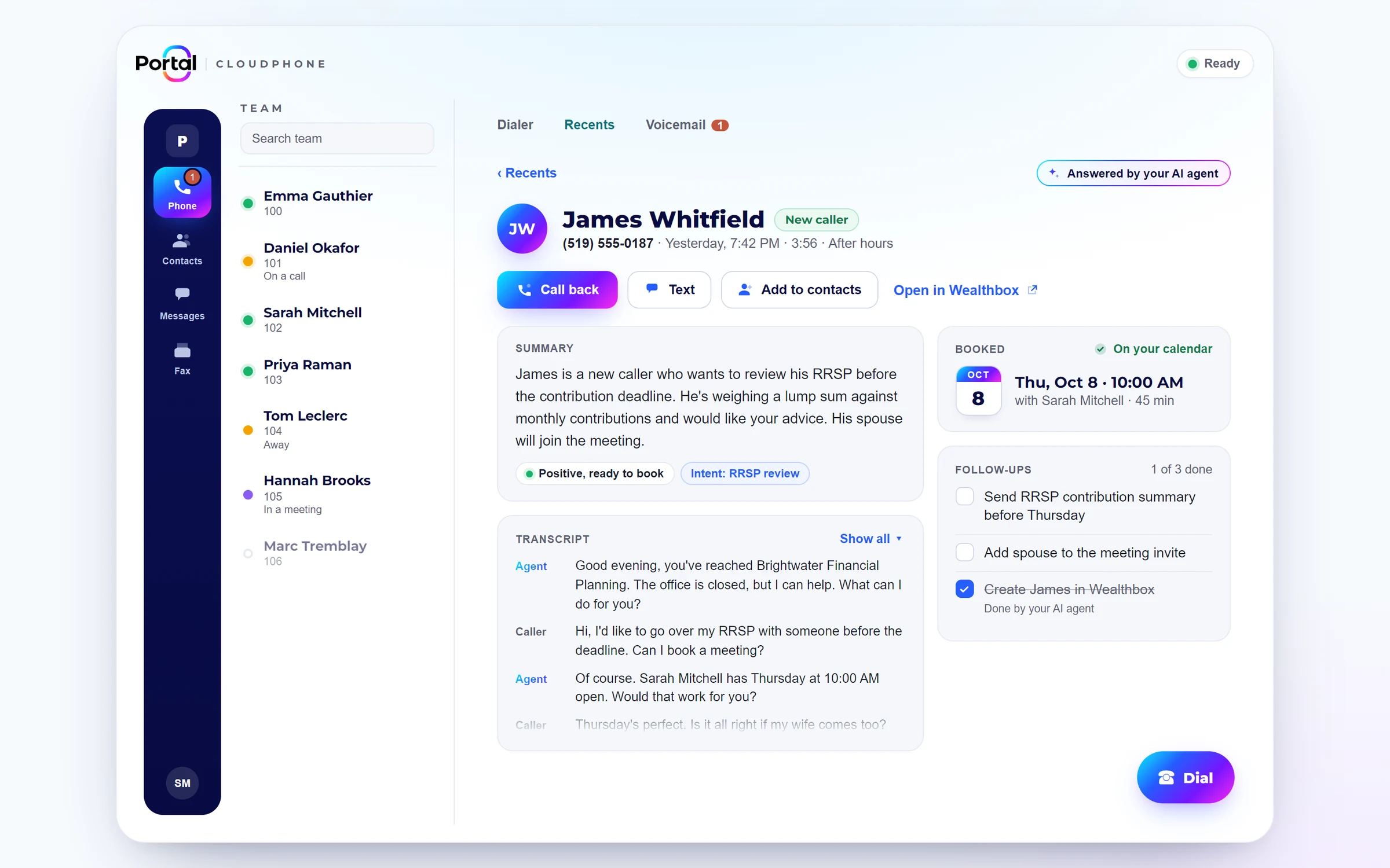 Cloudphone desktop app showing an AI agent call summary, the appointment it booked, and follow-up tasks