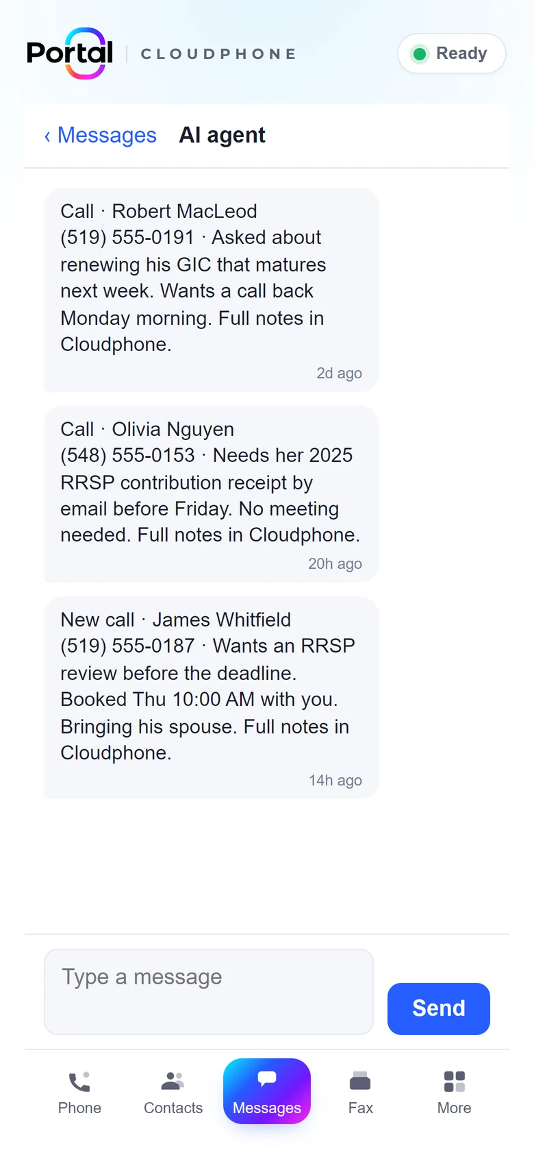 AI agent call recaps sent as text messages on a phone