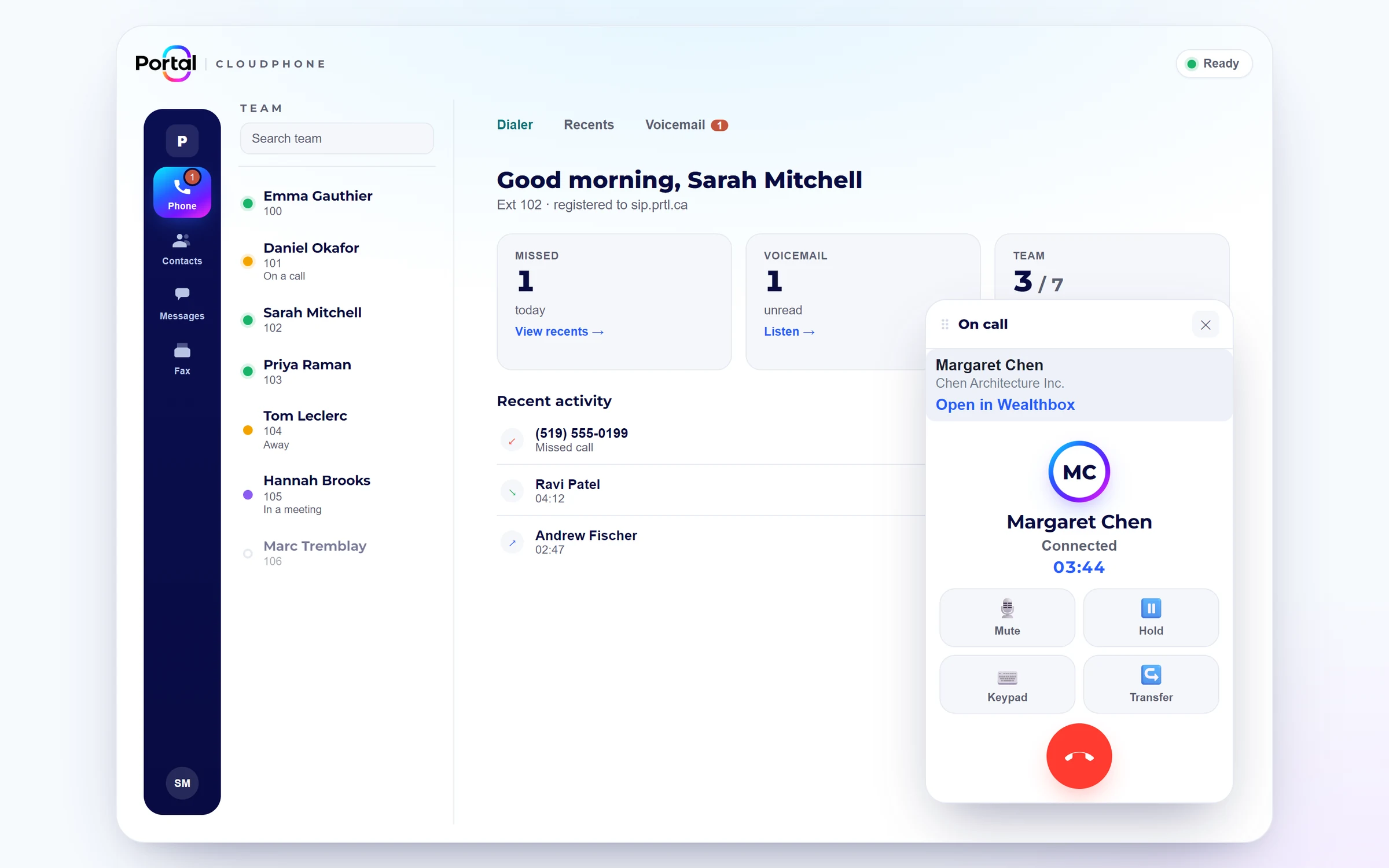 Cloudphone desktop console during a call, with the team list and caller details