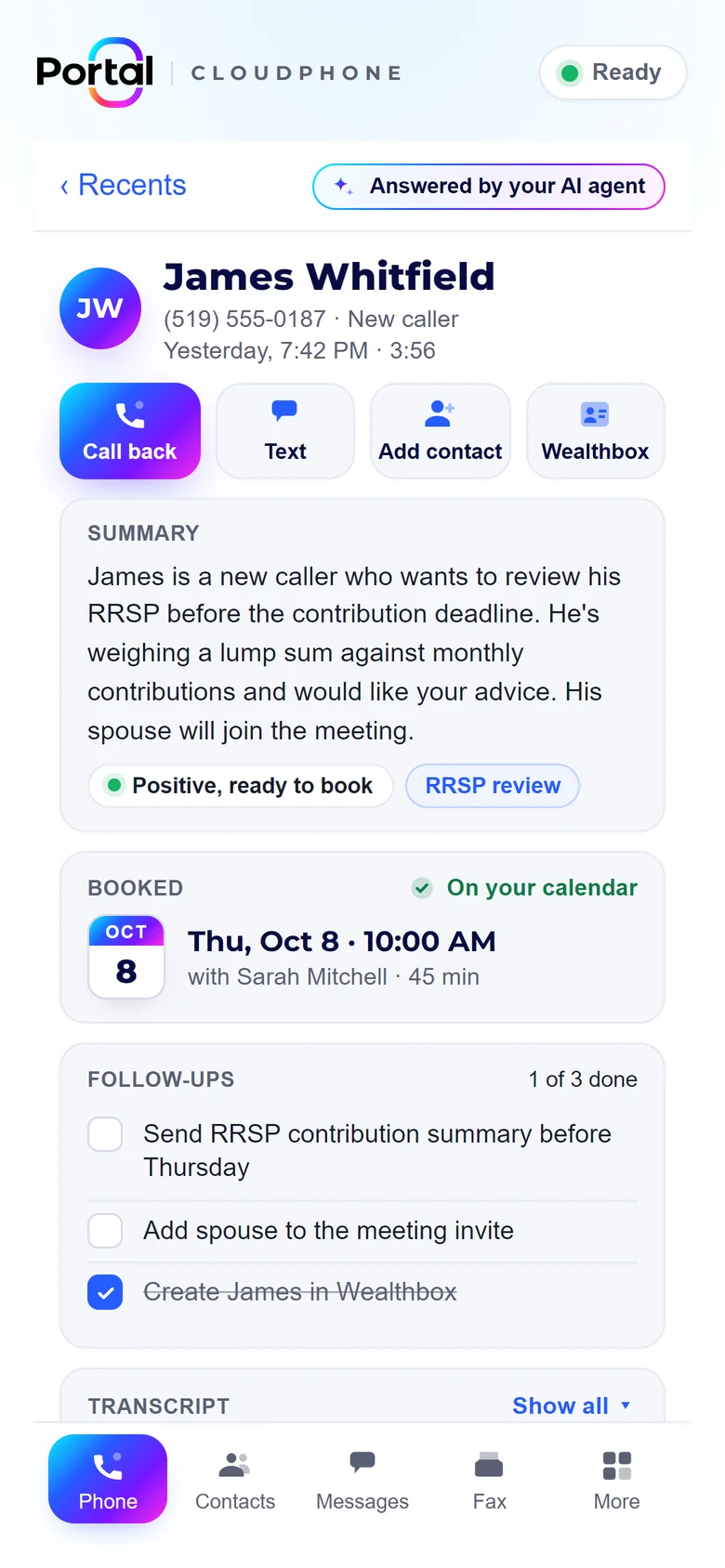 AI agent call summary on a phone, with the appointment it booked