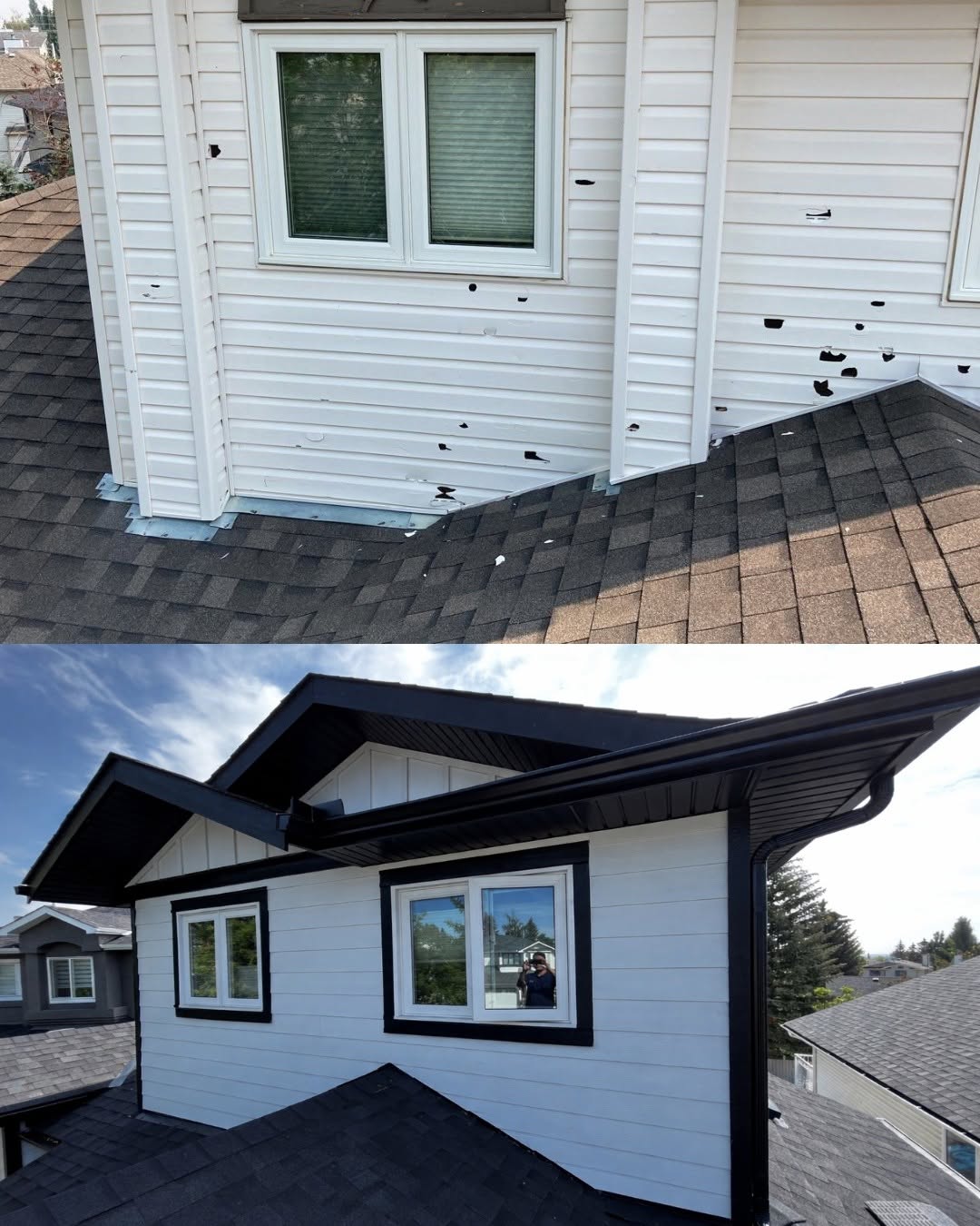 Before-and-after view of hail-damaged white siding replaced with new siding and black trim.