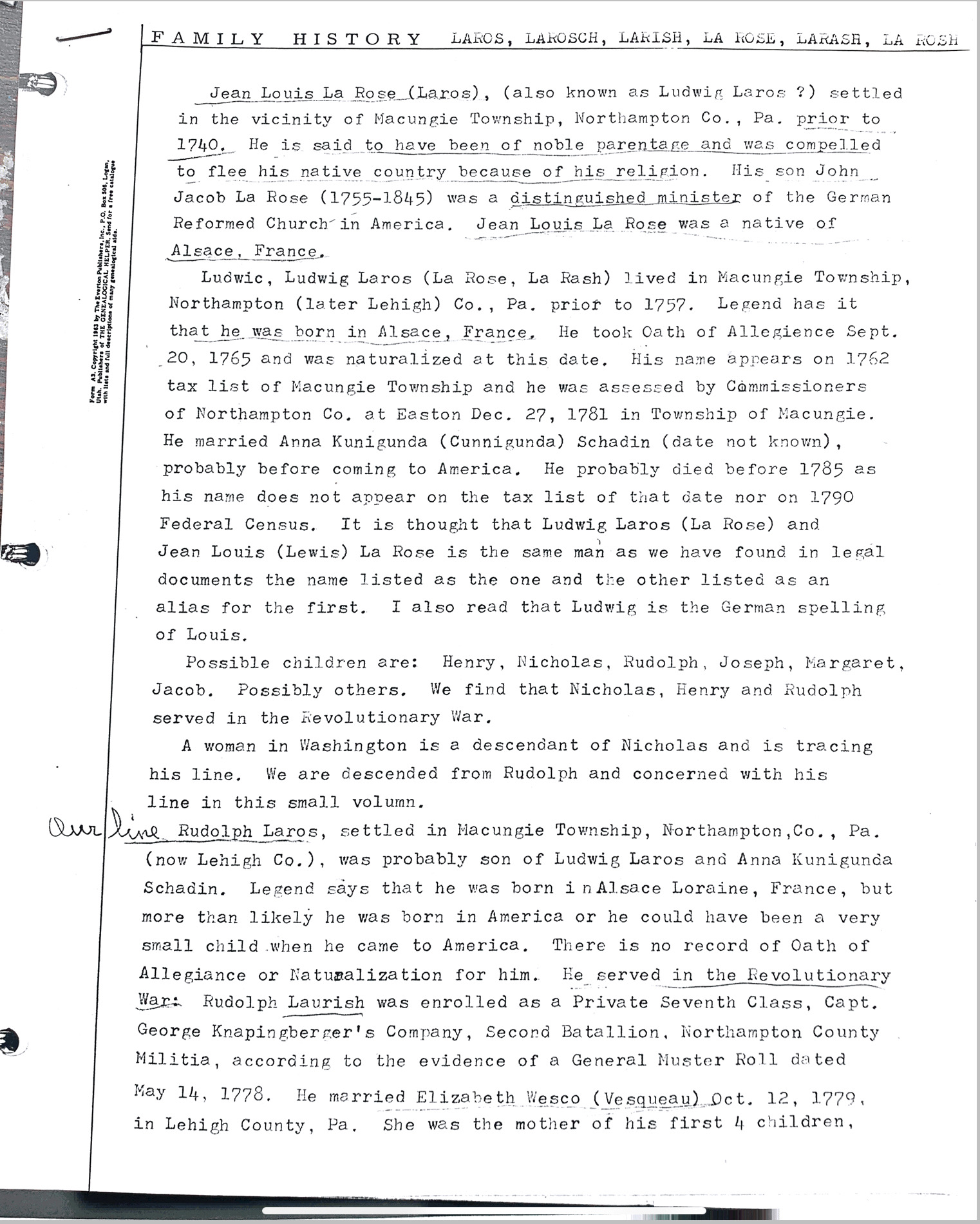 Document of LaRosh Family genealogy.