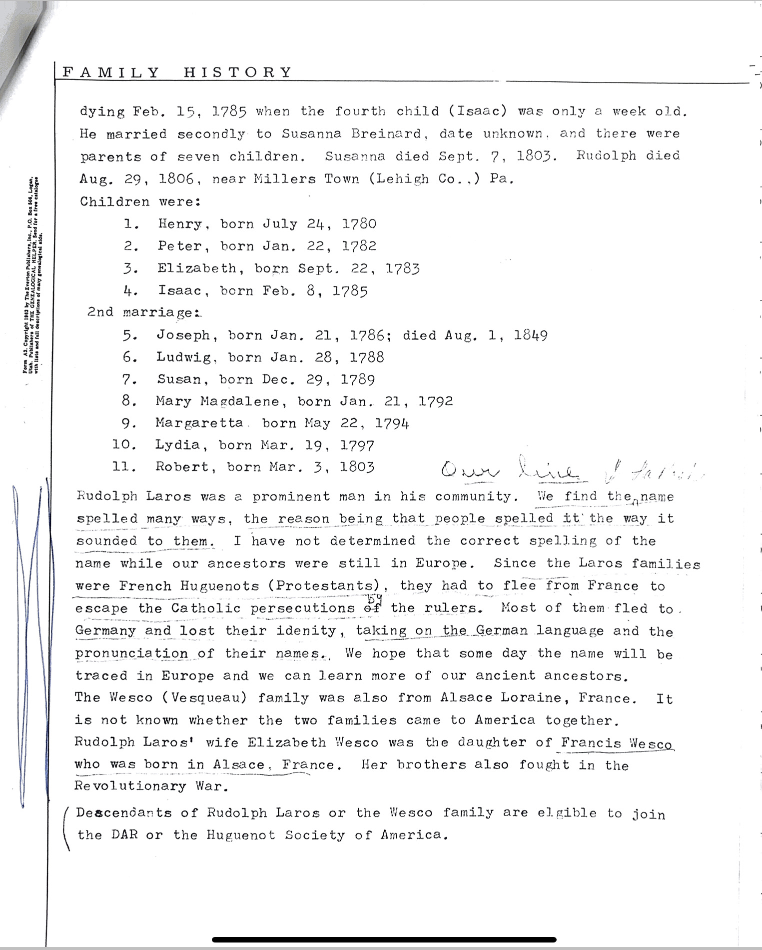 Document of LaRosh Genealogy 
