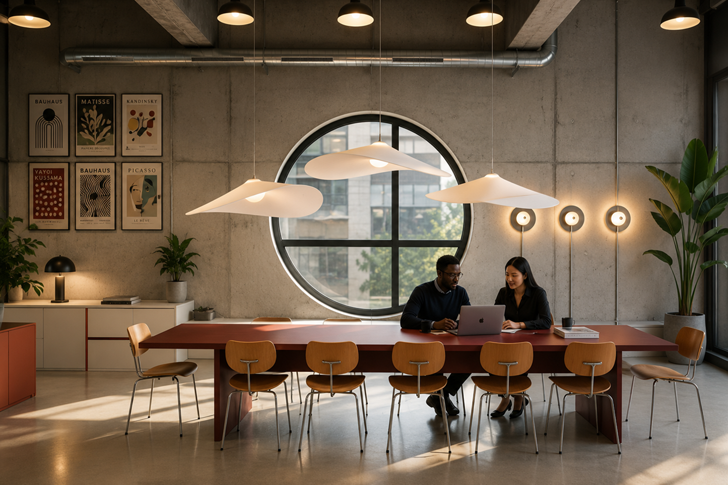 Two colleagues working together in a design studio meeting room